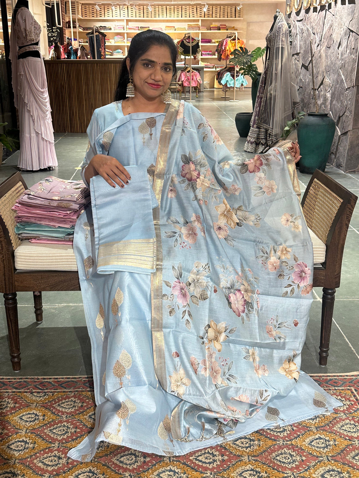 Powder Blue Banarasi Silk Cotton Suit Set