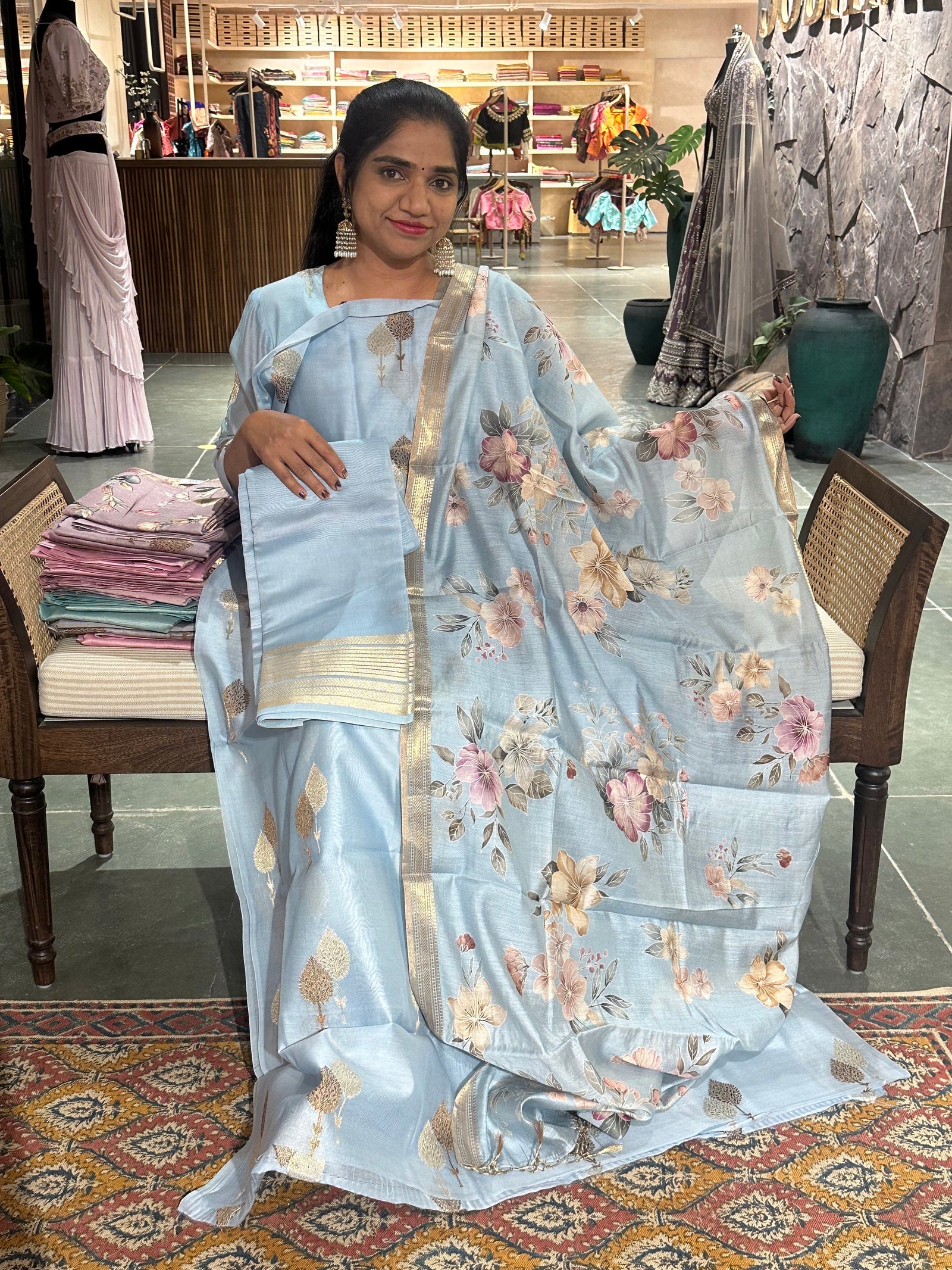Powder Blue Banarasi Silk Cotton Suit Set