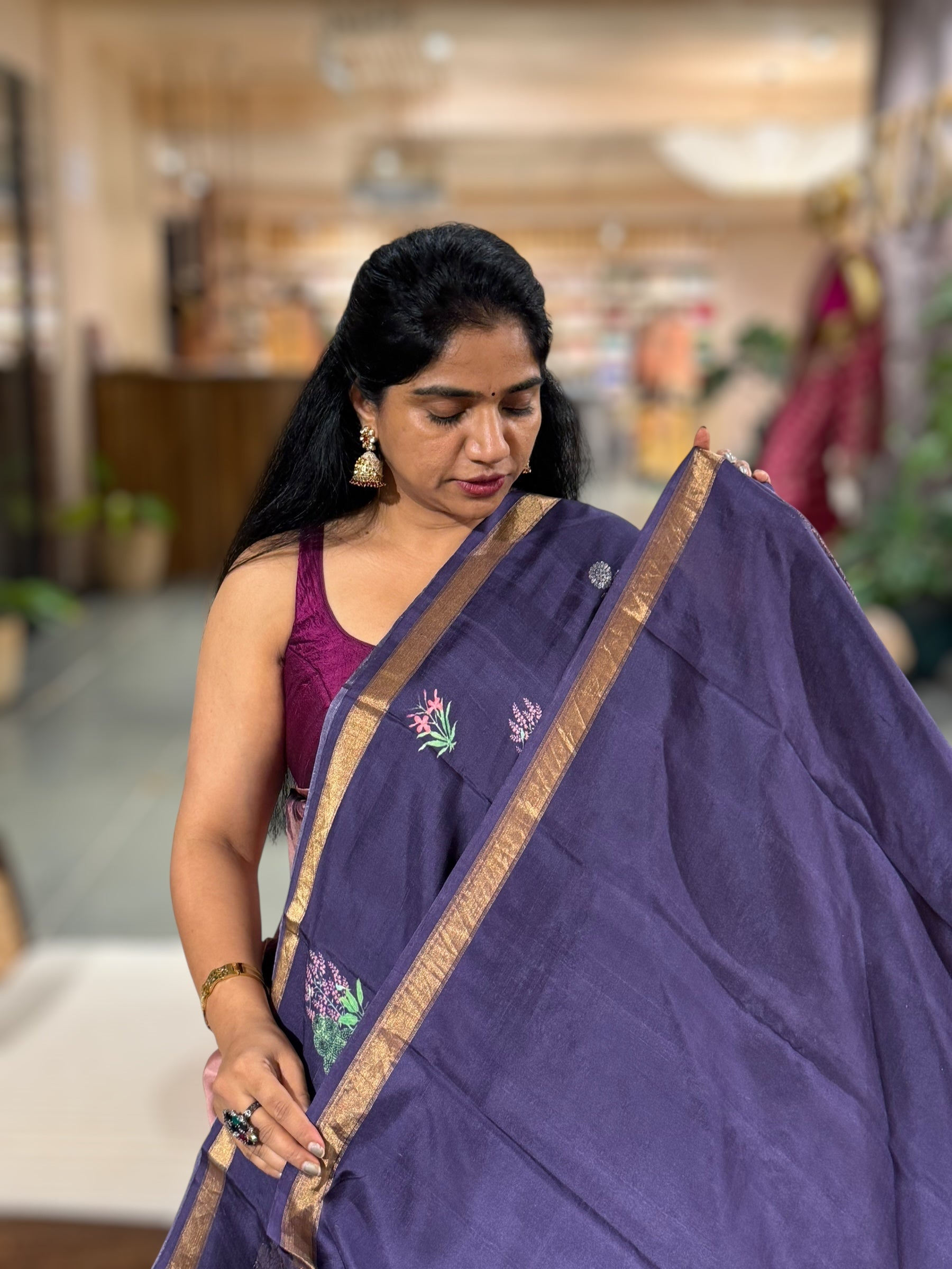 Brinjal Kanchi Soft Silk with beautiful Floral Print