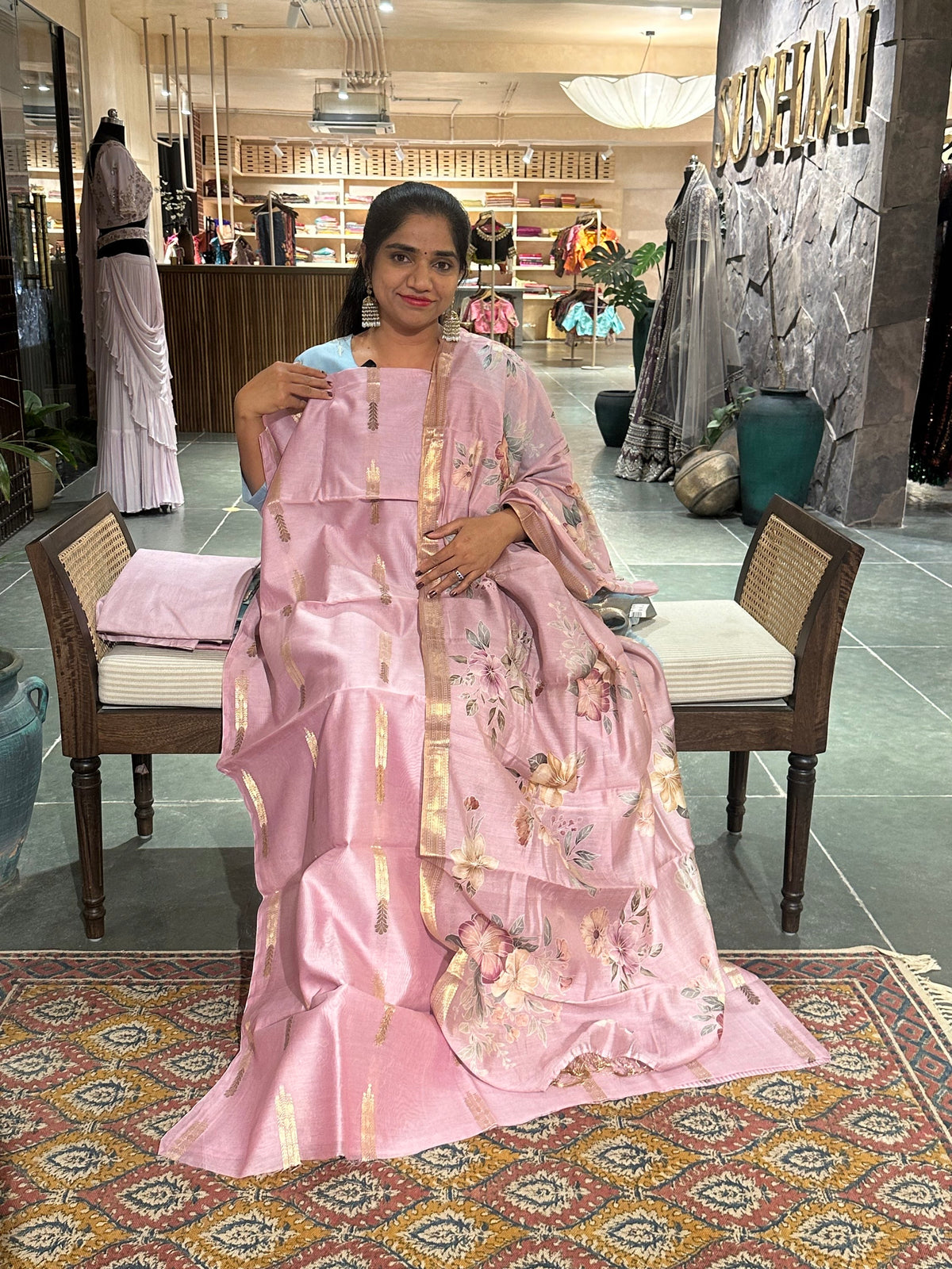Light pink Banarasi Silk Cotton 3-pc Suit Set