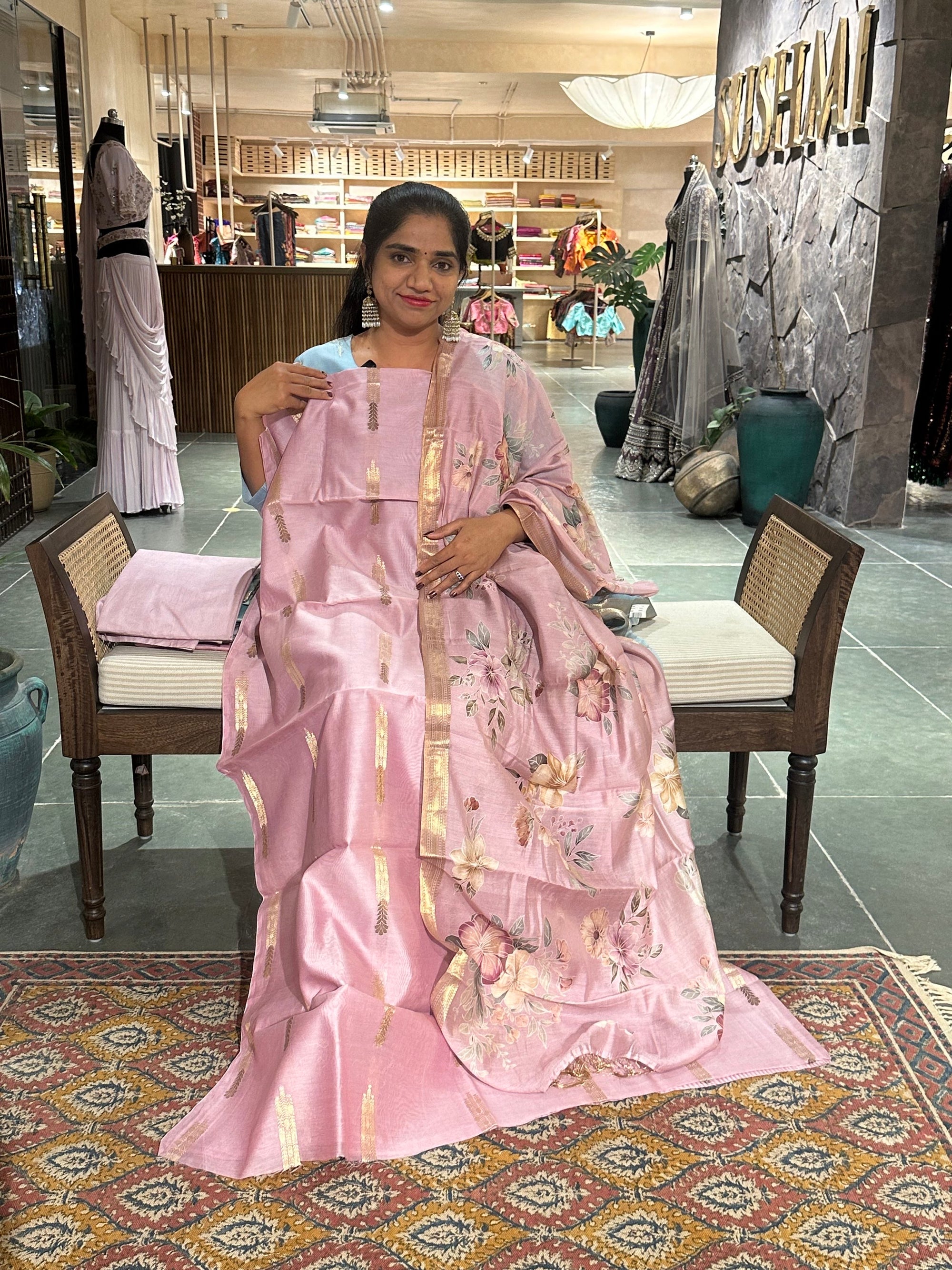 Light pink Banarasi Silk Cotton 3-pc Suit Set