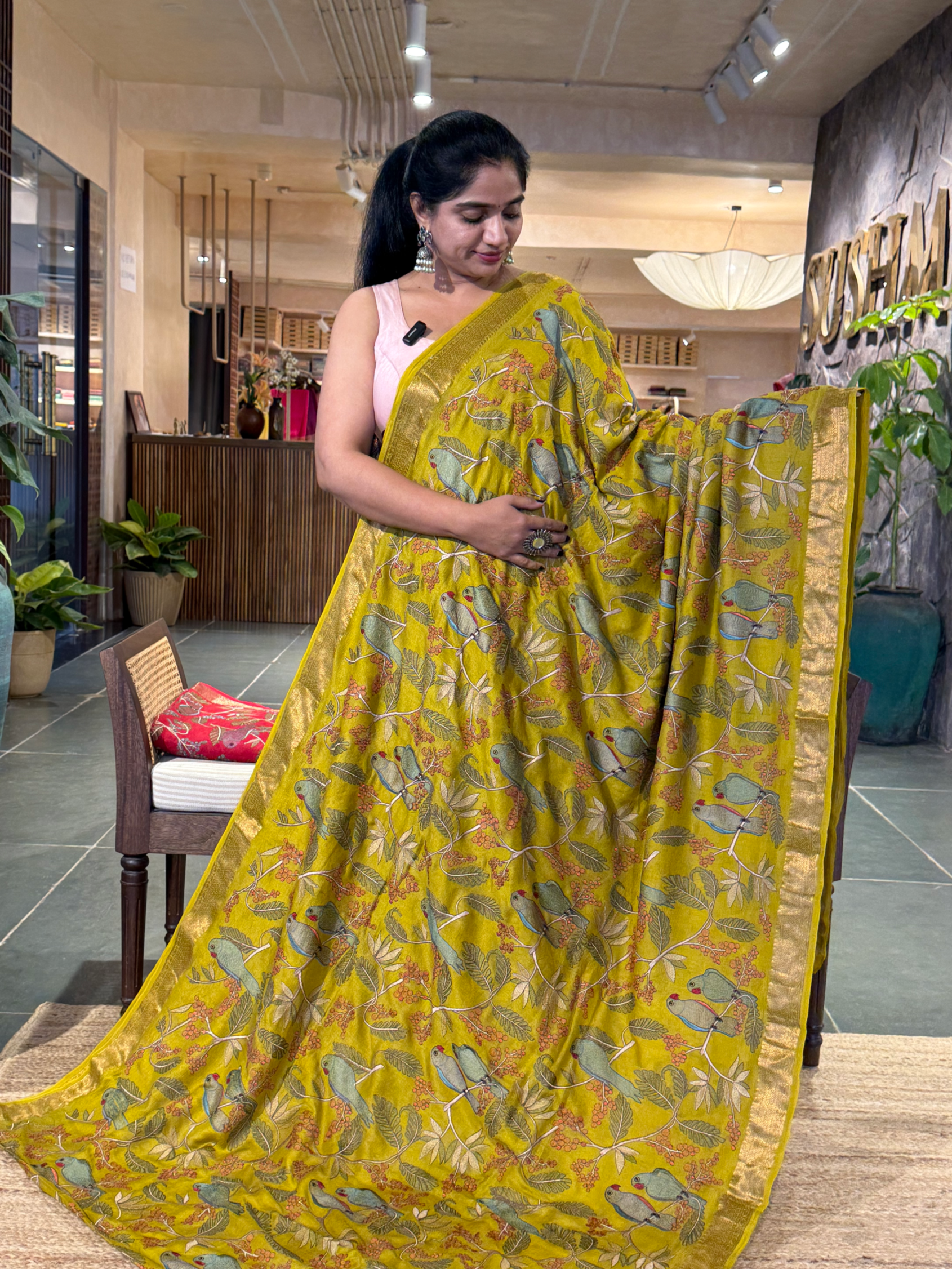 SMSEA114 Lemon Yellow Pure Handloom Munga Silk Saree with allover  Embroidery