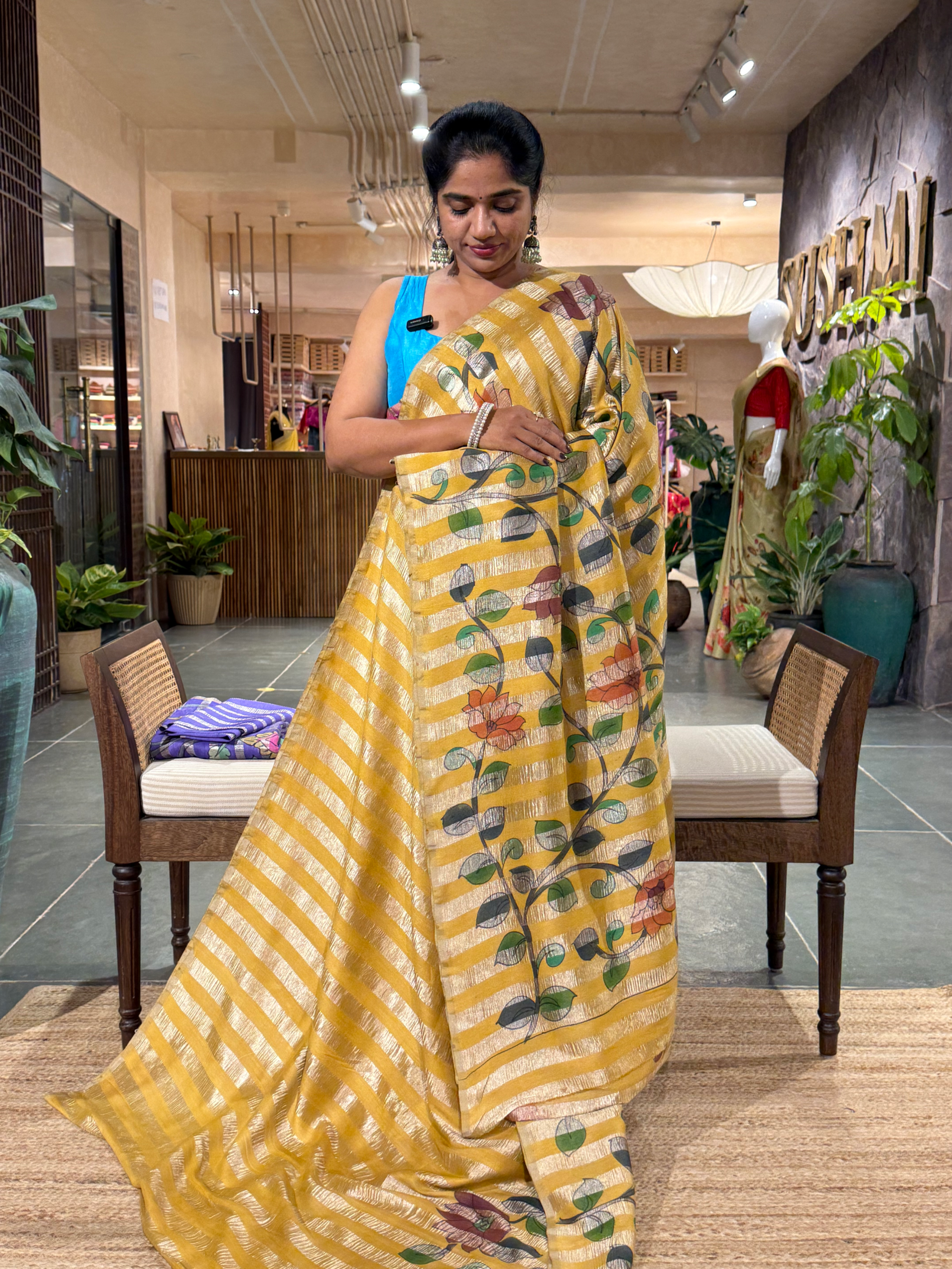 SMTKM173 Pure Handloom Munga Silk Wth Tissue Stripes & Penkalamkari Handpainting