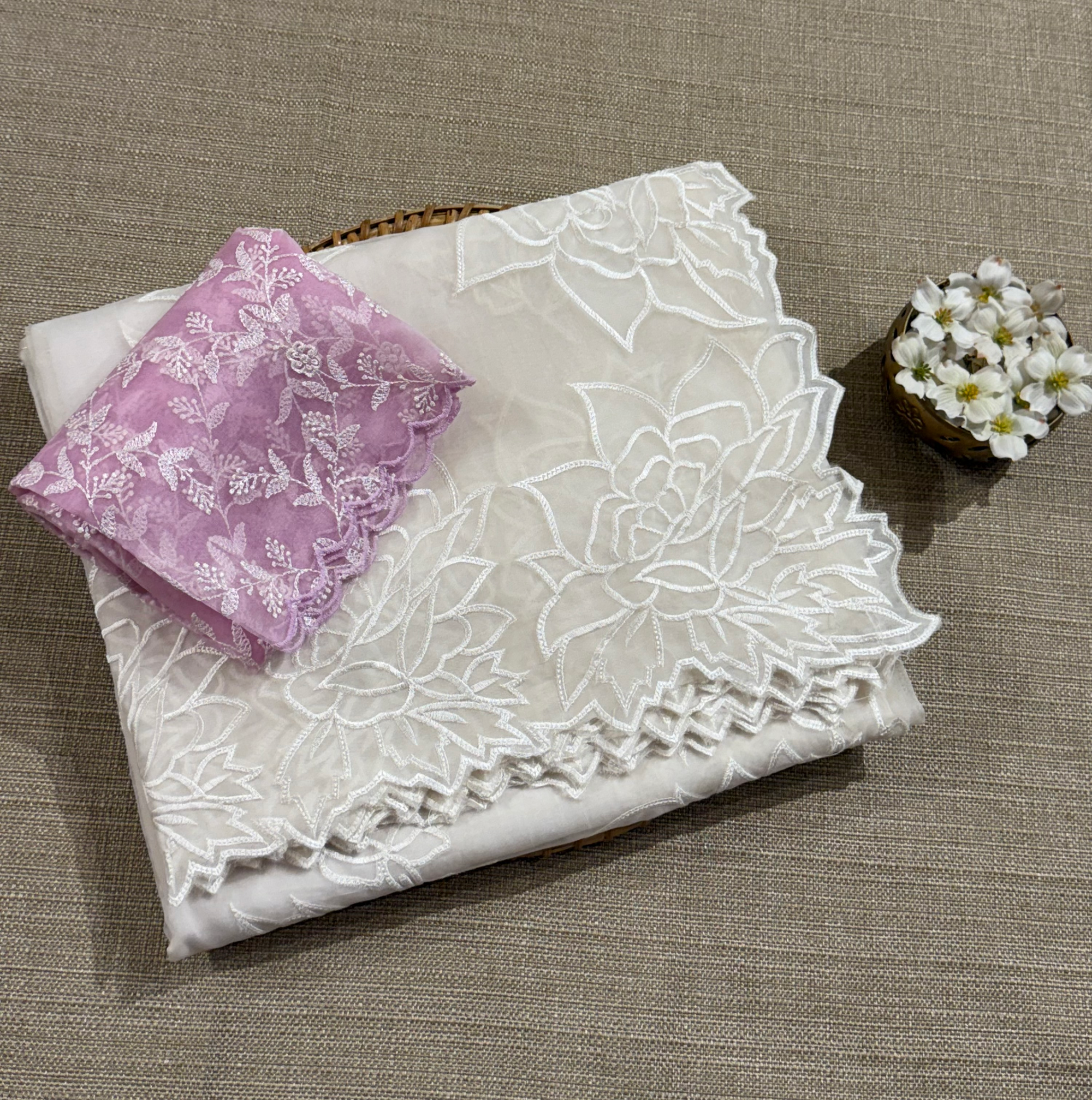 OROSEV1902 : White Organza Saree with Embroidered Rose Border
