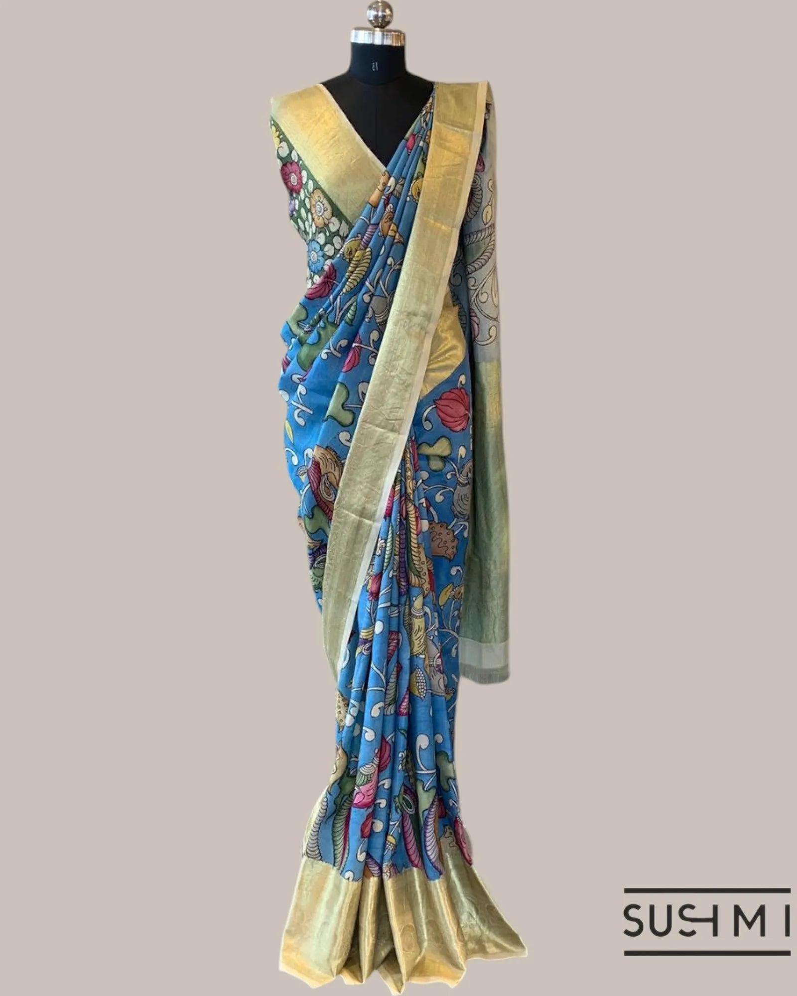Blue Kanchi Pen kalamkari handpainted saree with heavy borders