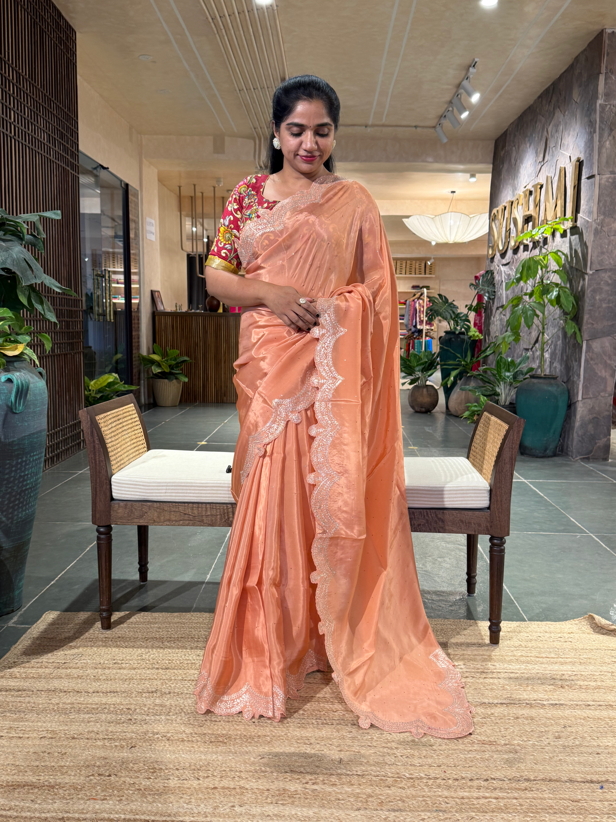 Peach Crepe Silk Saree With Pita Work Scallop Border & Pure Silk Printed Blouse