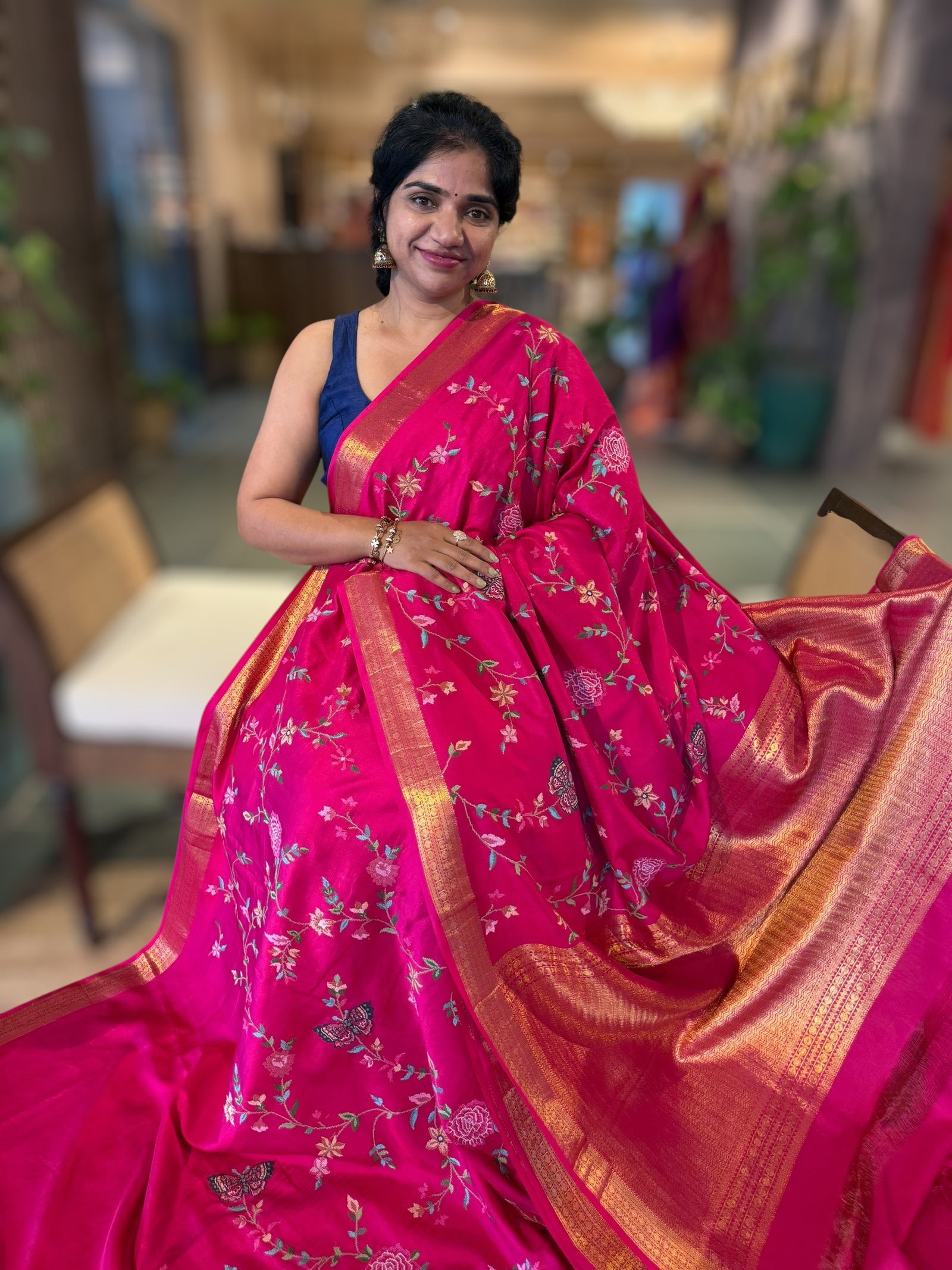 Rani Pink Kanchi soft Silk Saree With Allover Petite Point Embroidery