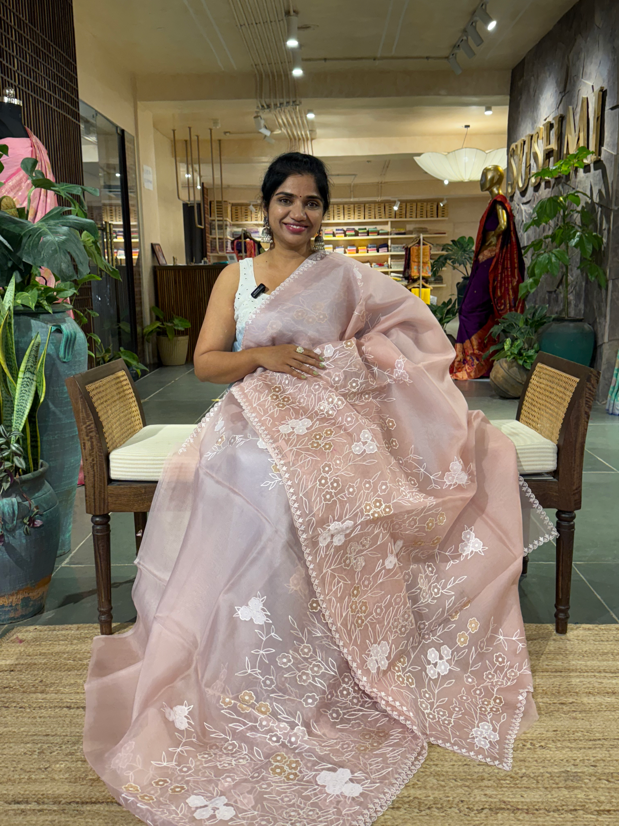 Peach Pink Organza Applique work Saree