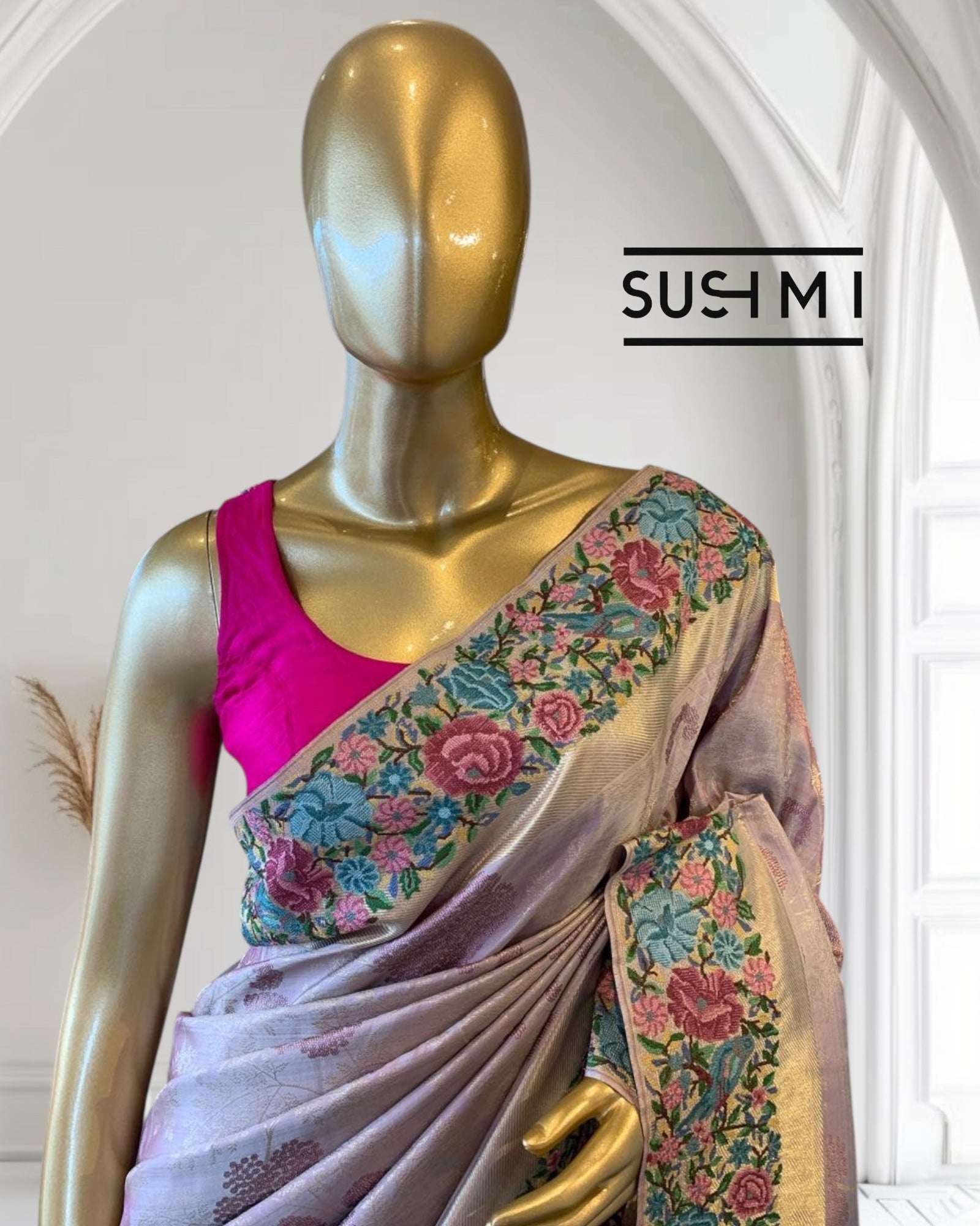 Lilac Pure  Kanchi Brocade Saree with Petite Point Embroidery