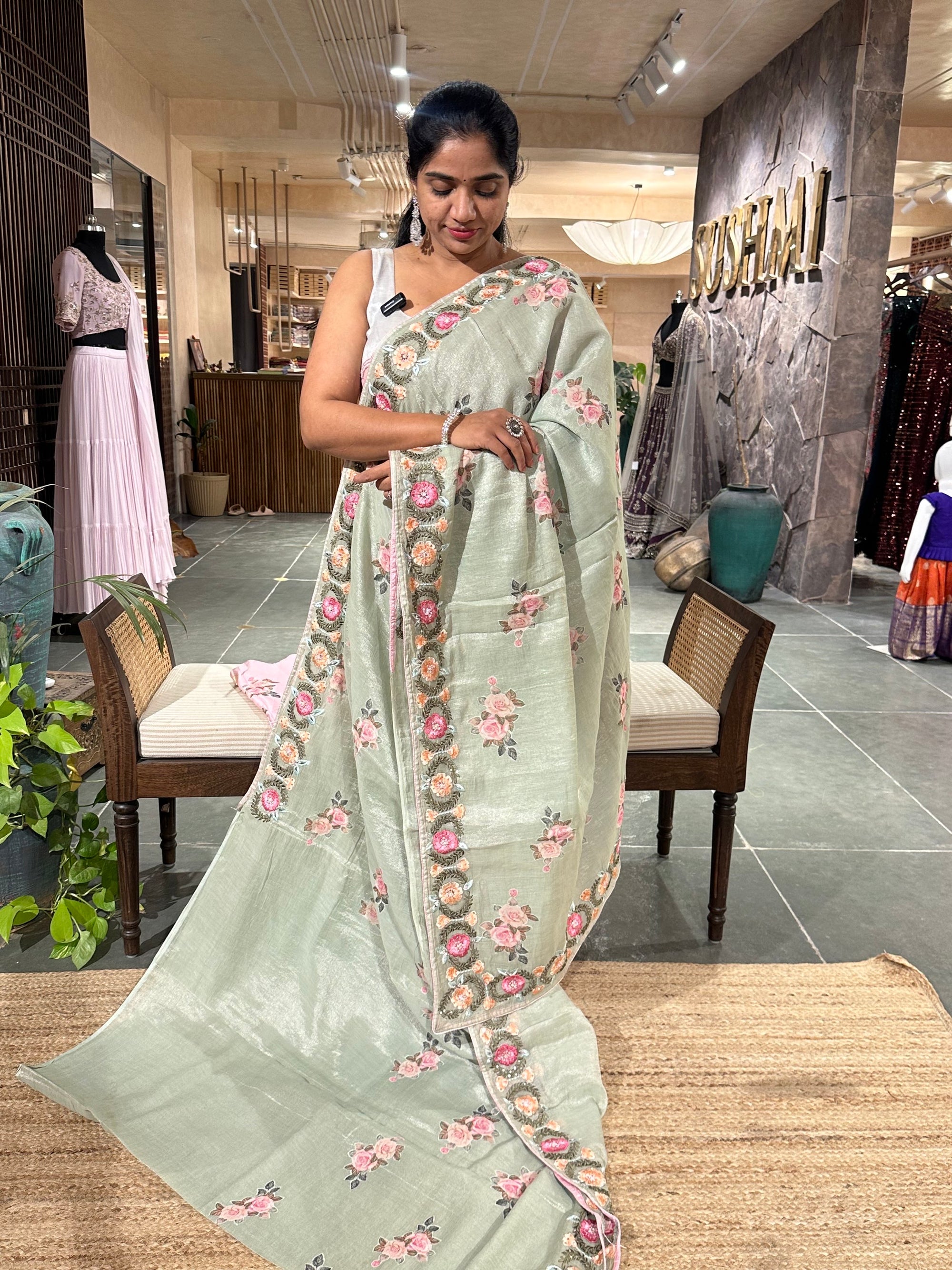 Pista Green Cotton Tissue Saree with allover floral bunches applique work