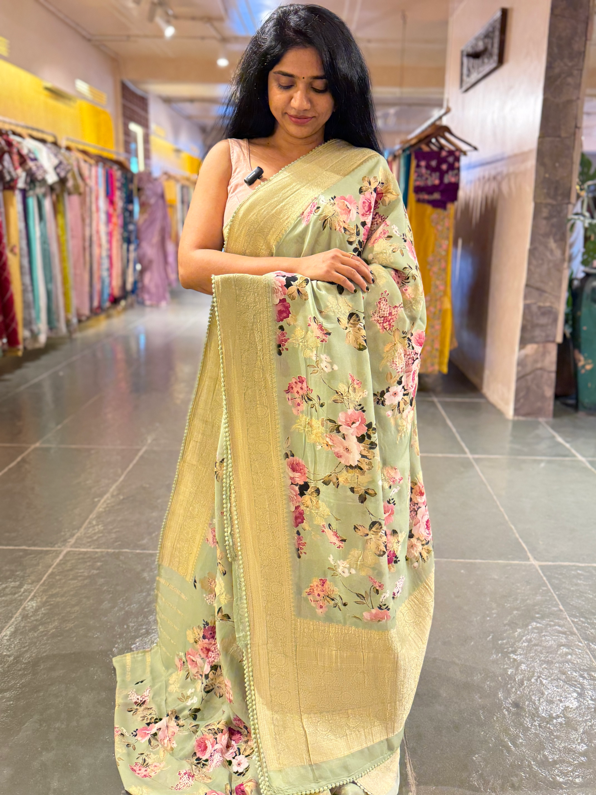 Pista Green Banarasi Khaddi Gorgette Sarees with Floral Print