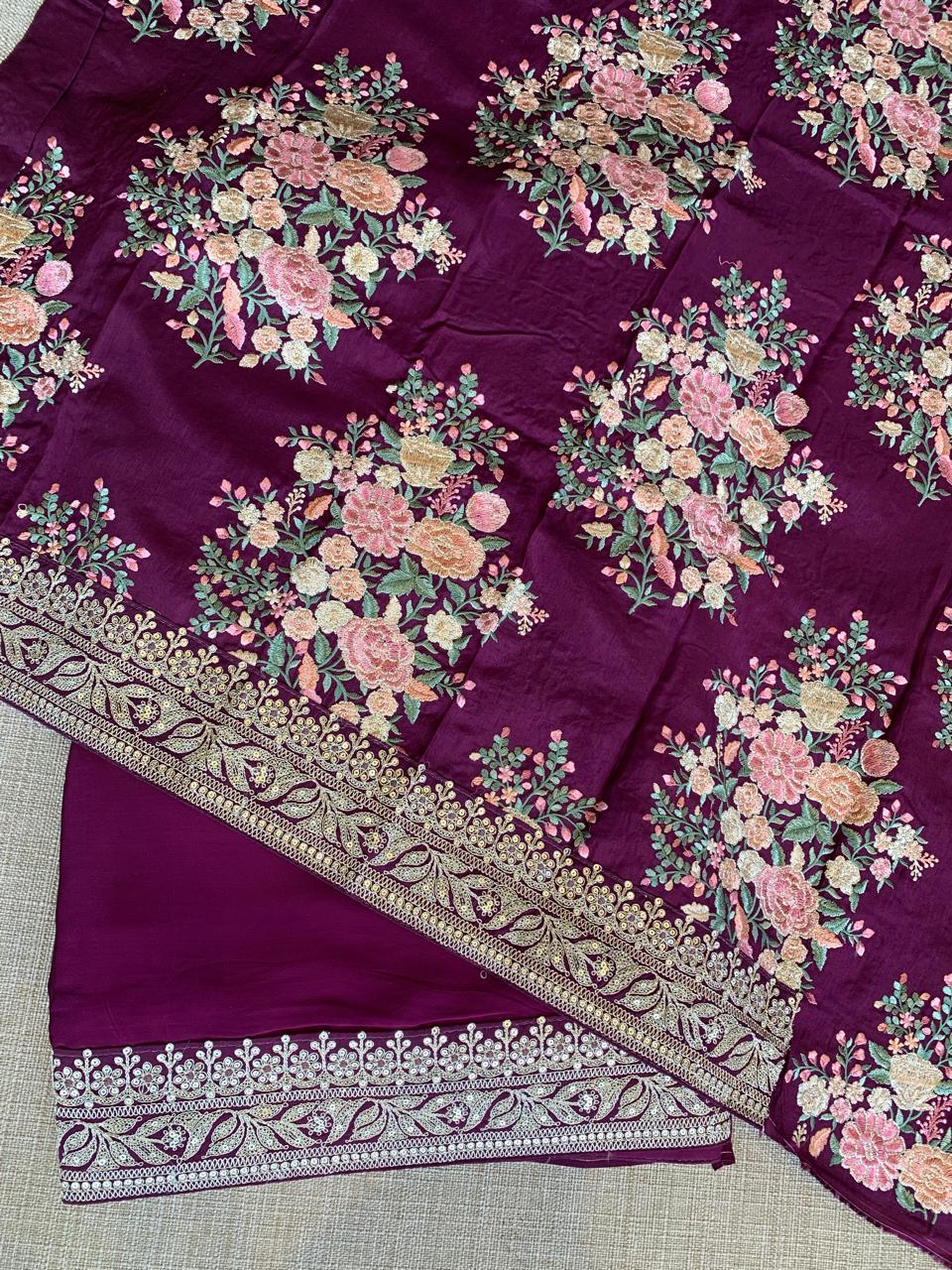 Wine Pure Satin Silk Saree With Sabhya Borders & Allover Emb Blouse