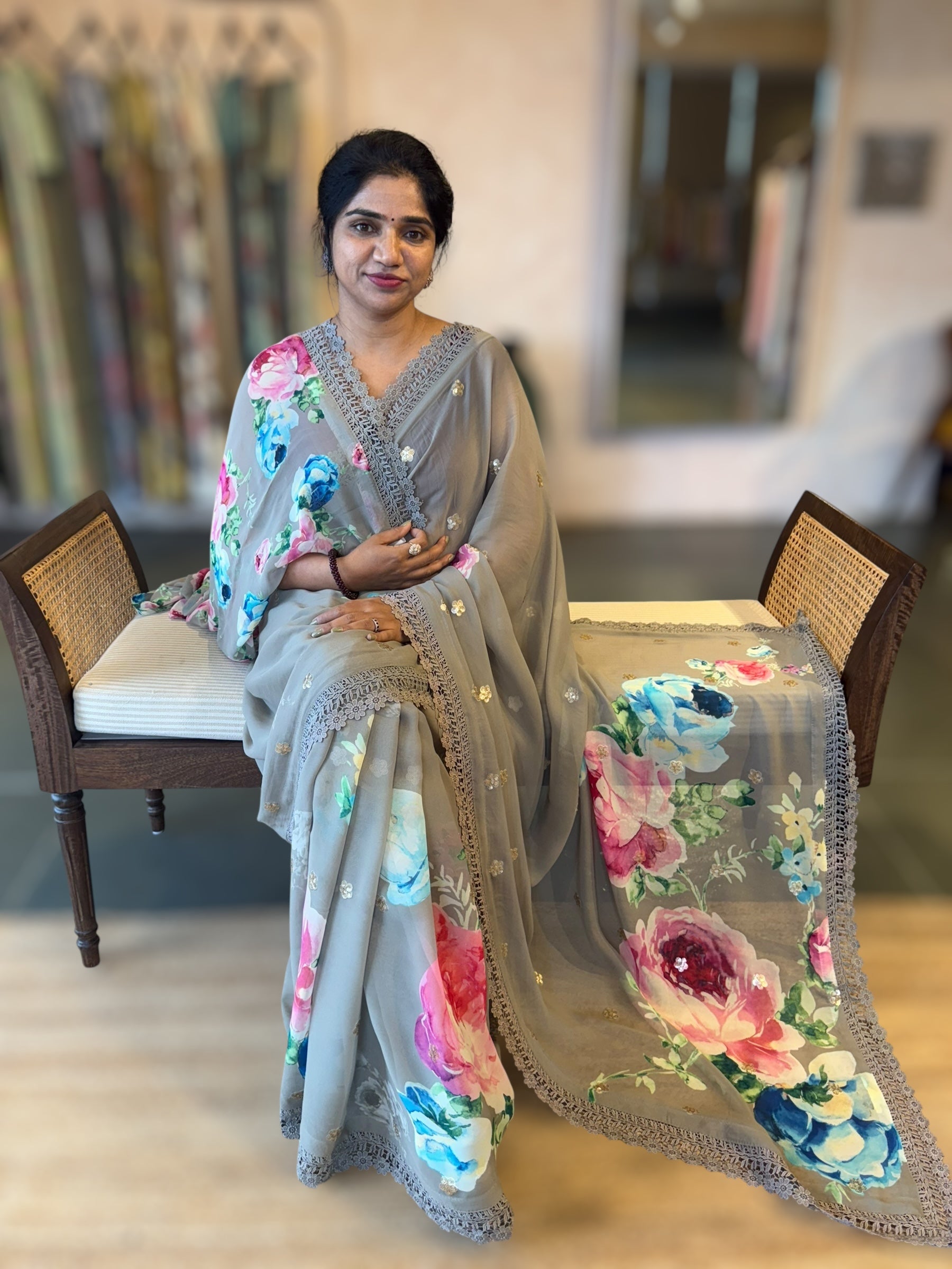 Olive Floral Gorgette Saree with Allover Sequence Floral