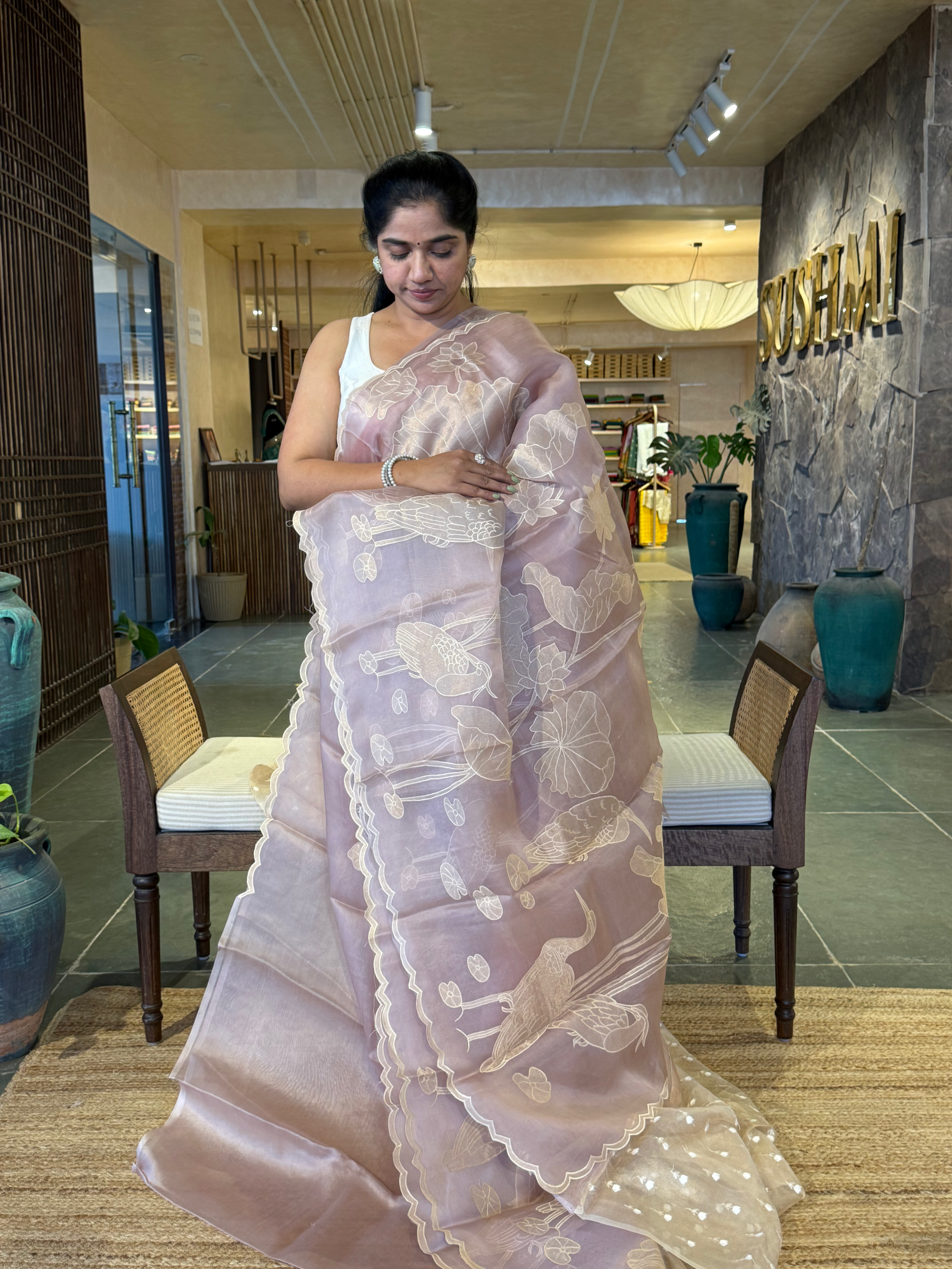 Mauve  Pure Organza Designer Saree with Allover Tissue Applique Embroidery