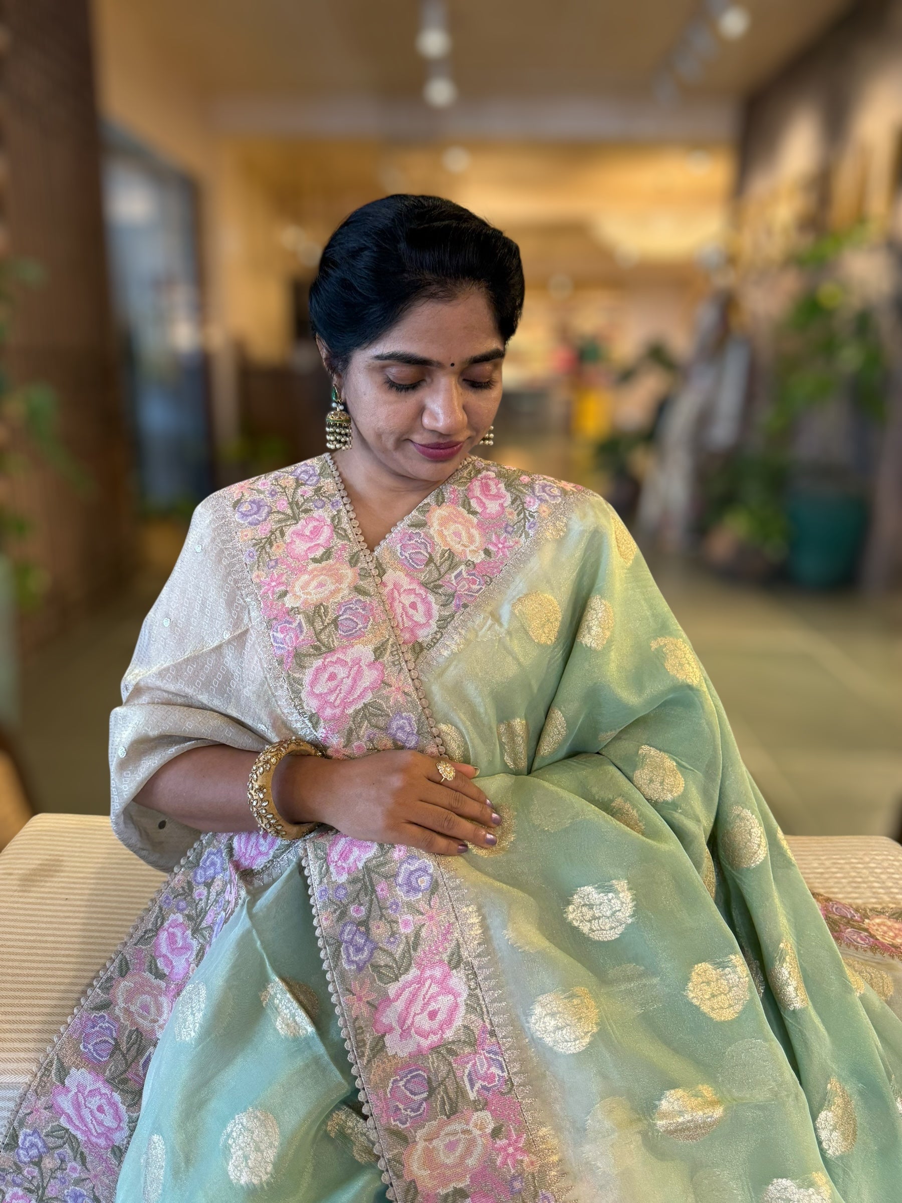 Mint Green Banarasi Tissue Gorgette Saree Wth Petite Point Border