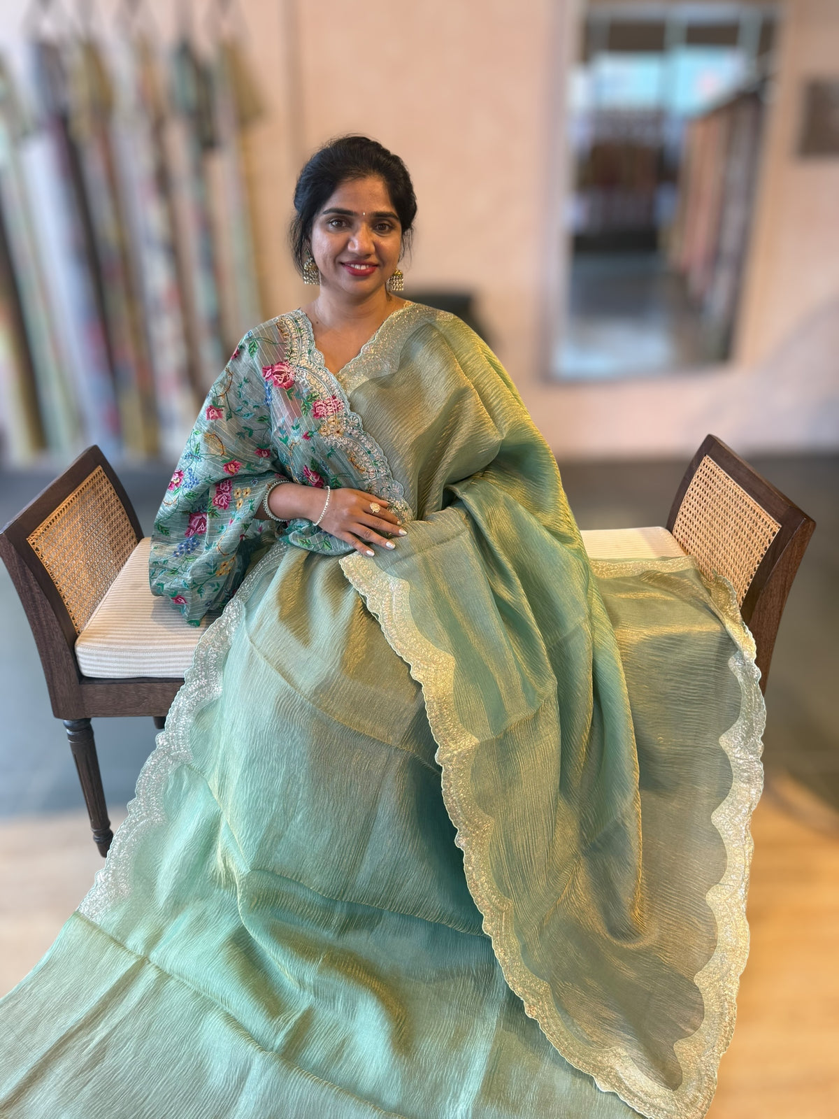 Ombre Dyed Crush Tissue Saree With Pitawork Border &amp; Petite Point Embroidered BP