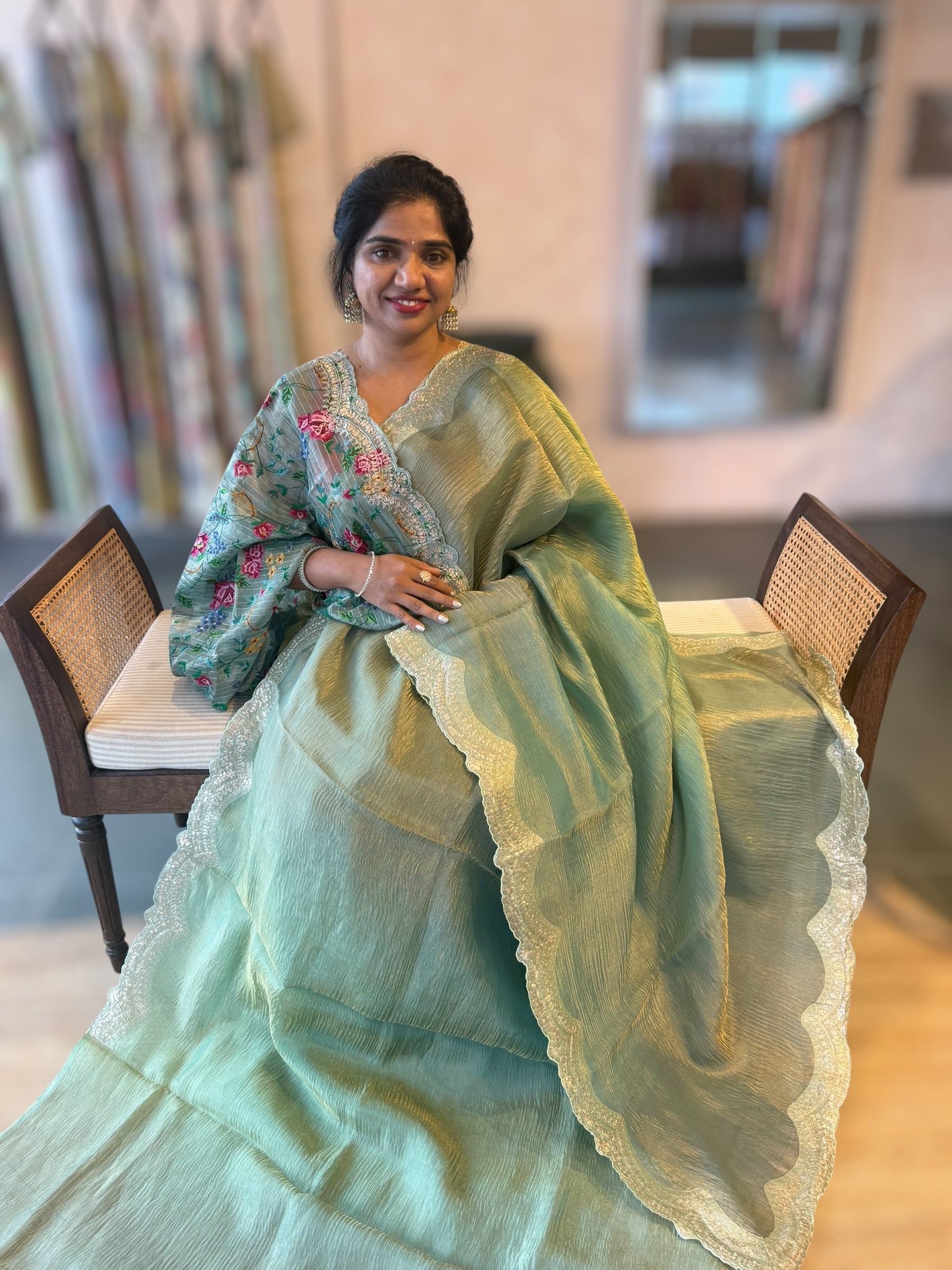Ombre Dyed Crush Tissue Saree With Pitawork Border & Petite Point Embroidered BP