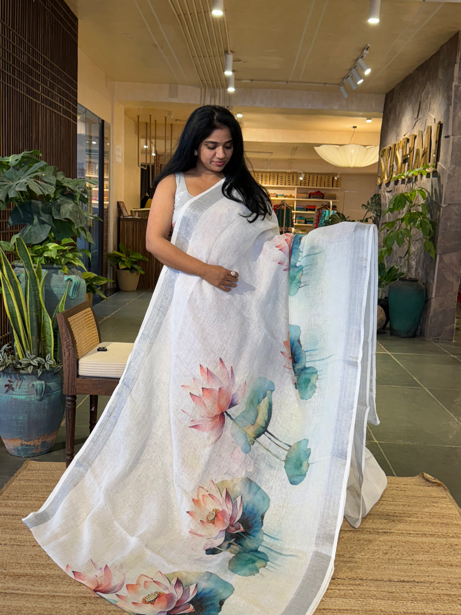 Snow White Pure Handloom Lenin Saree With Pichwai Print