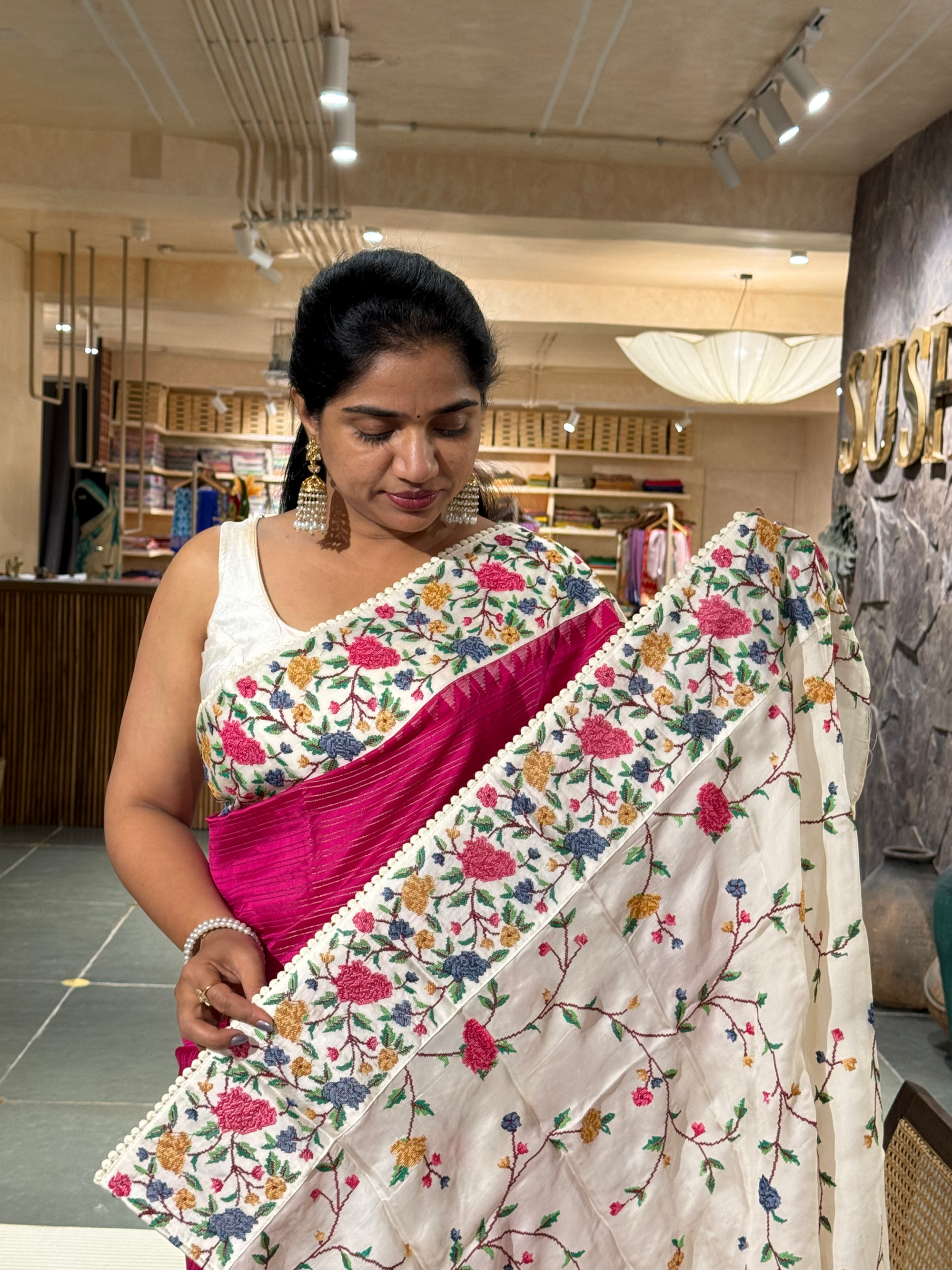 Dark Pink Soft Silk Saree with Petite Point Embroidery