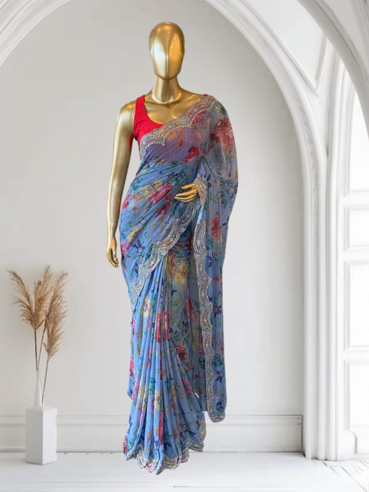 Blue Gorgette printed Saree  with handwork borders