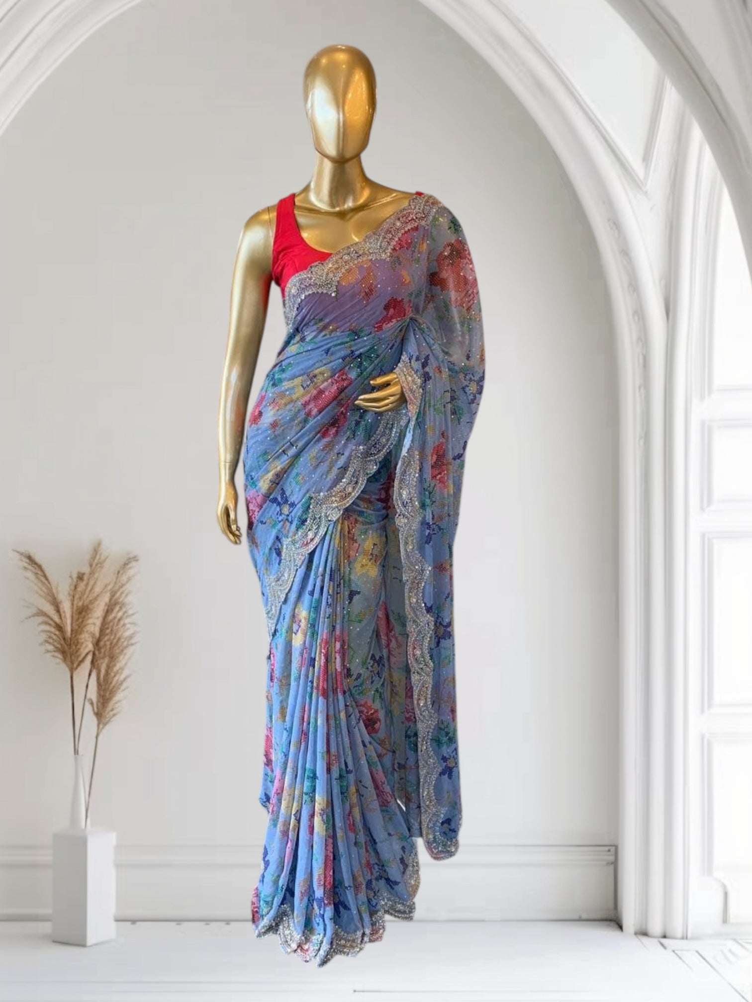 Blue Gorgette printed Saree  with handwork borders