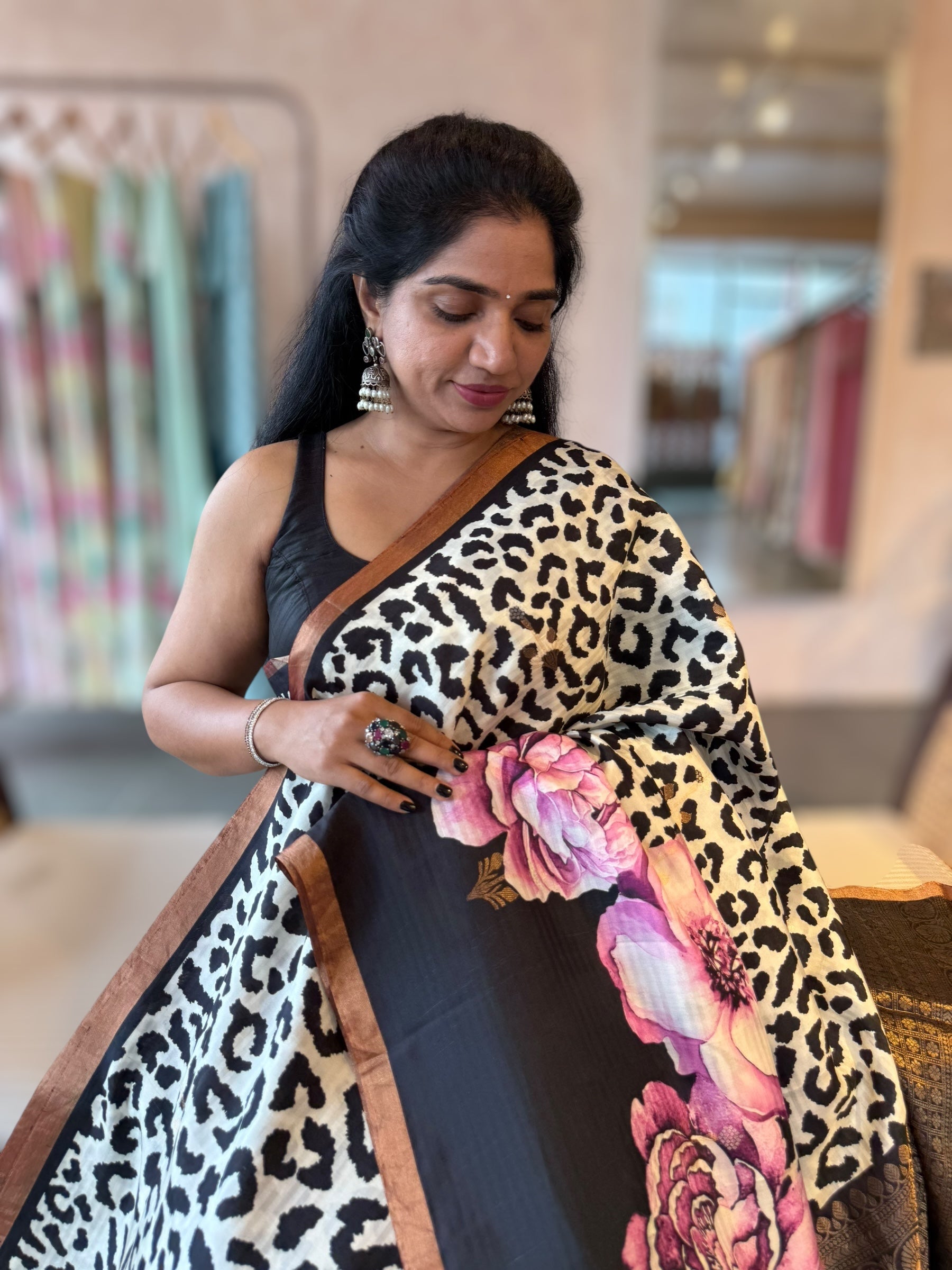 Kanchi Soft Silk Saree with Leopard and Statement 3D Rose Print