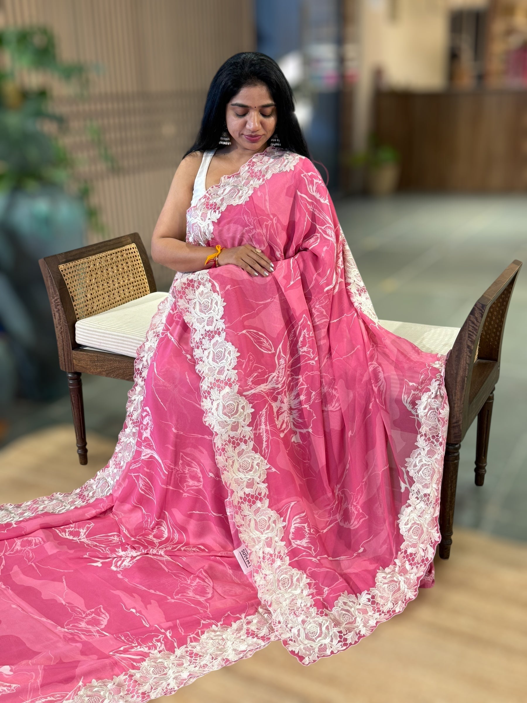 NeonPink Pure Gorgette Saree With Chatilly Lace Style Cutwork embroidered Border