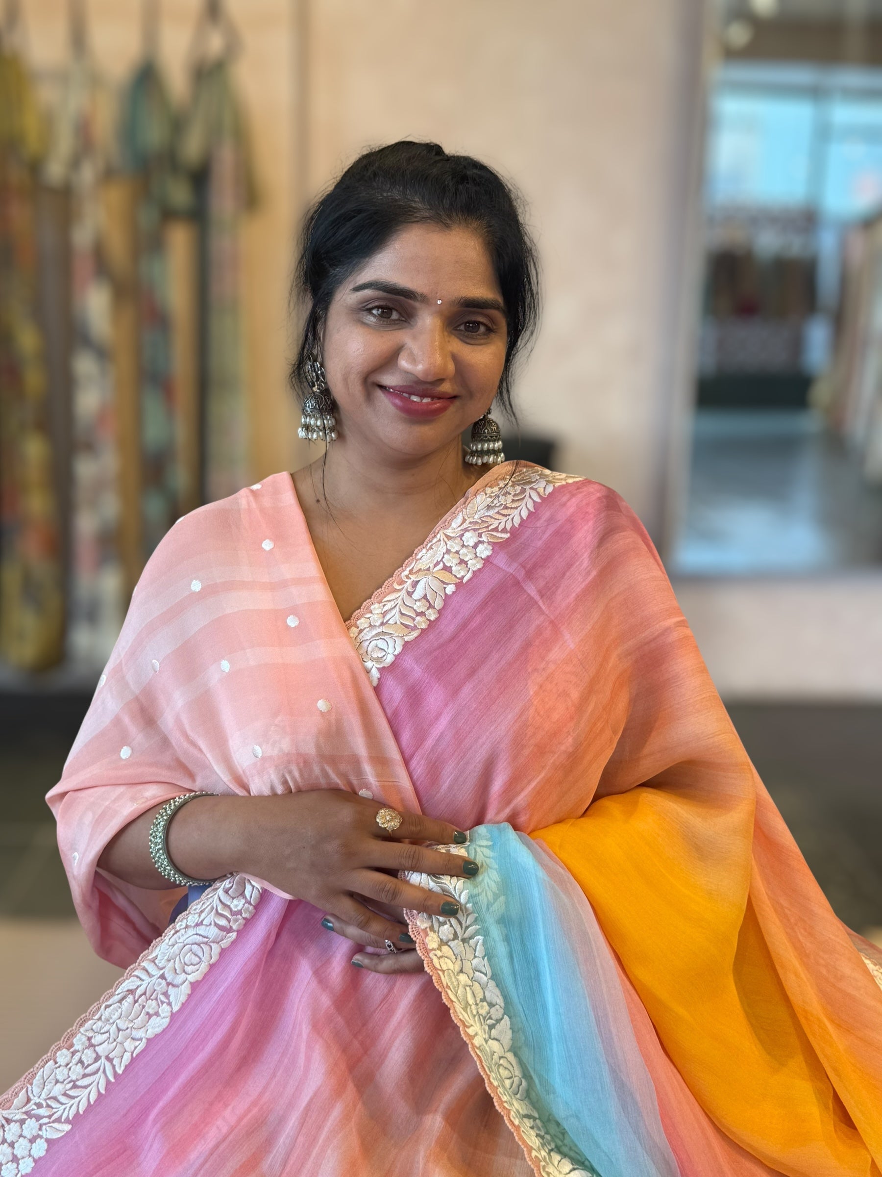 Pure Chiffon Saree with Ombre Brush dyeing & Parsi Gara Embroidered Border