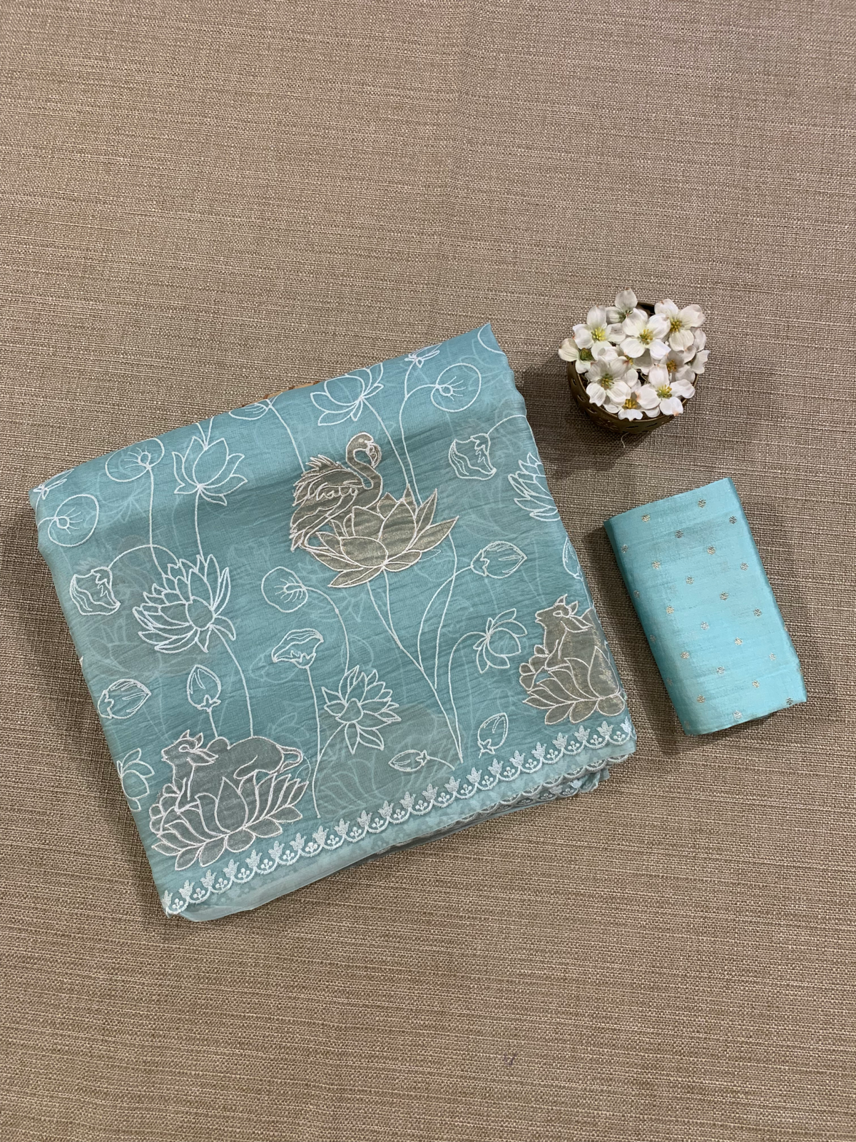 SOAA1608 : Pastel Blue Organza Saree with Allover Pichwai Applique Embroidery