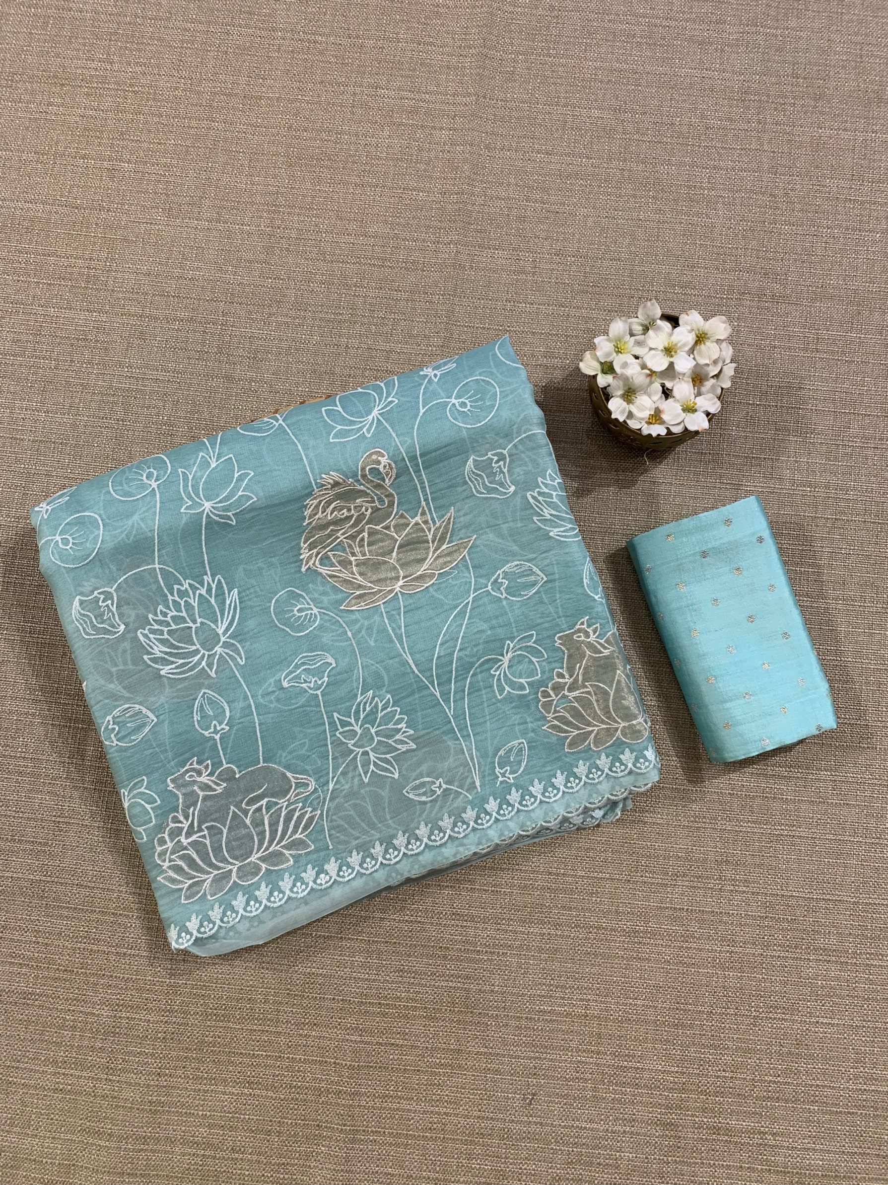 SOAA1608 : Pastel Blue Organza Saree with Allover Pichwai Applique Embroidery