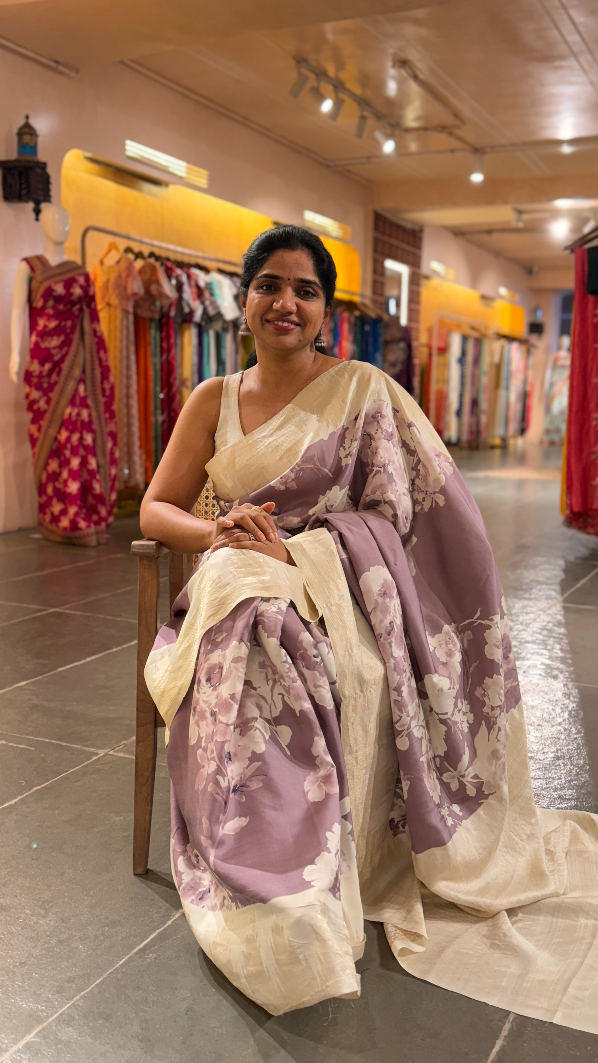 Mauve Printed Kanchi Silk soft drape Saree with temple borders