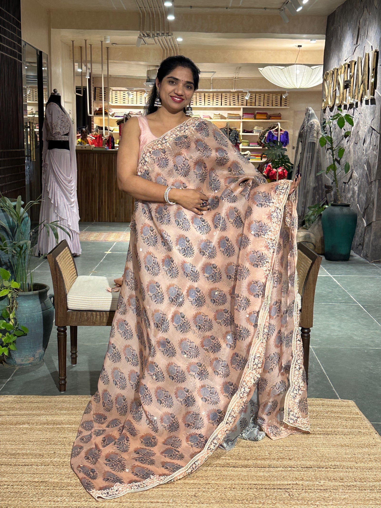 Peach Pure Organza handwork  Saree with Sabyasachi floral print