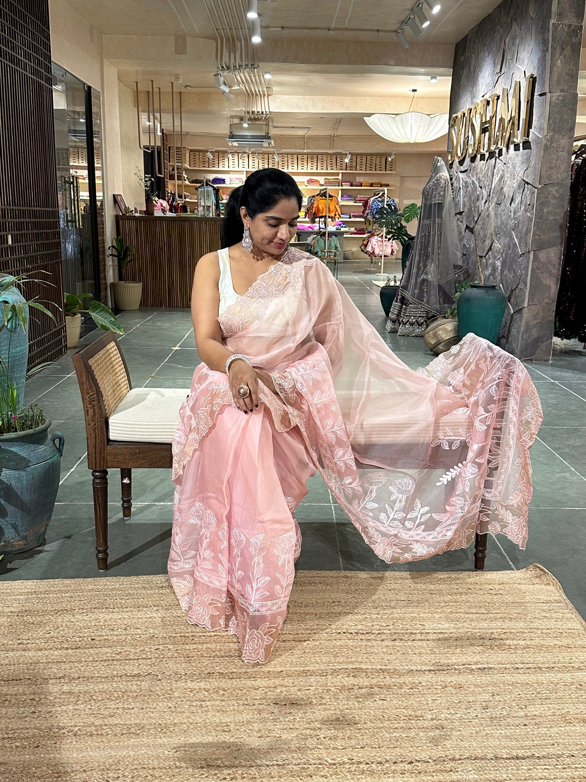 Blush Pink Pure Organza heavy  cutwork embroidered border saree