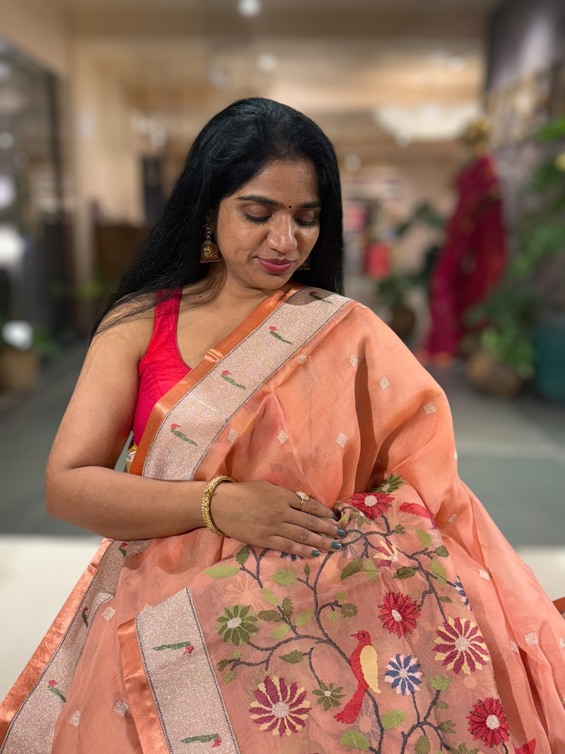 Peach Organza Silk Saree With Jamdani Inspired Embroidery
