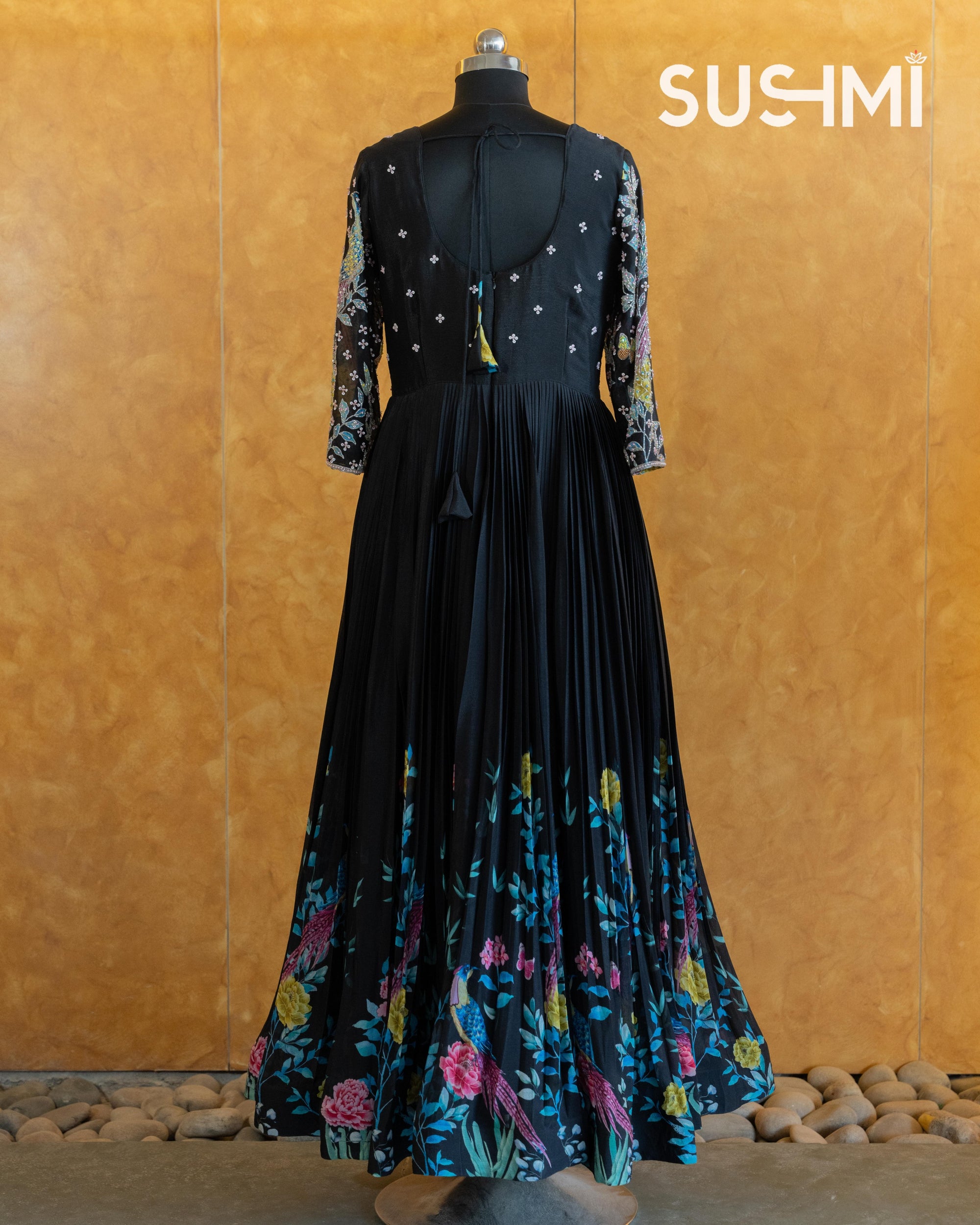 Pure Chinnon Printed Long Frock with handwork yoke