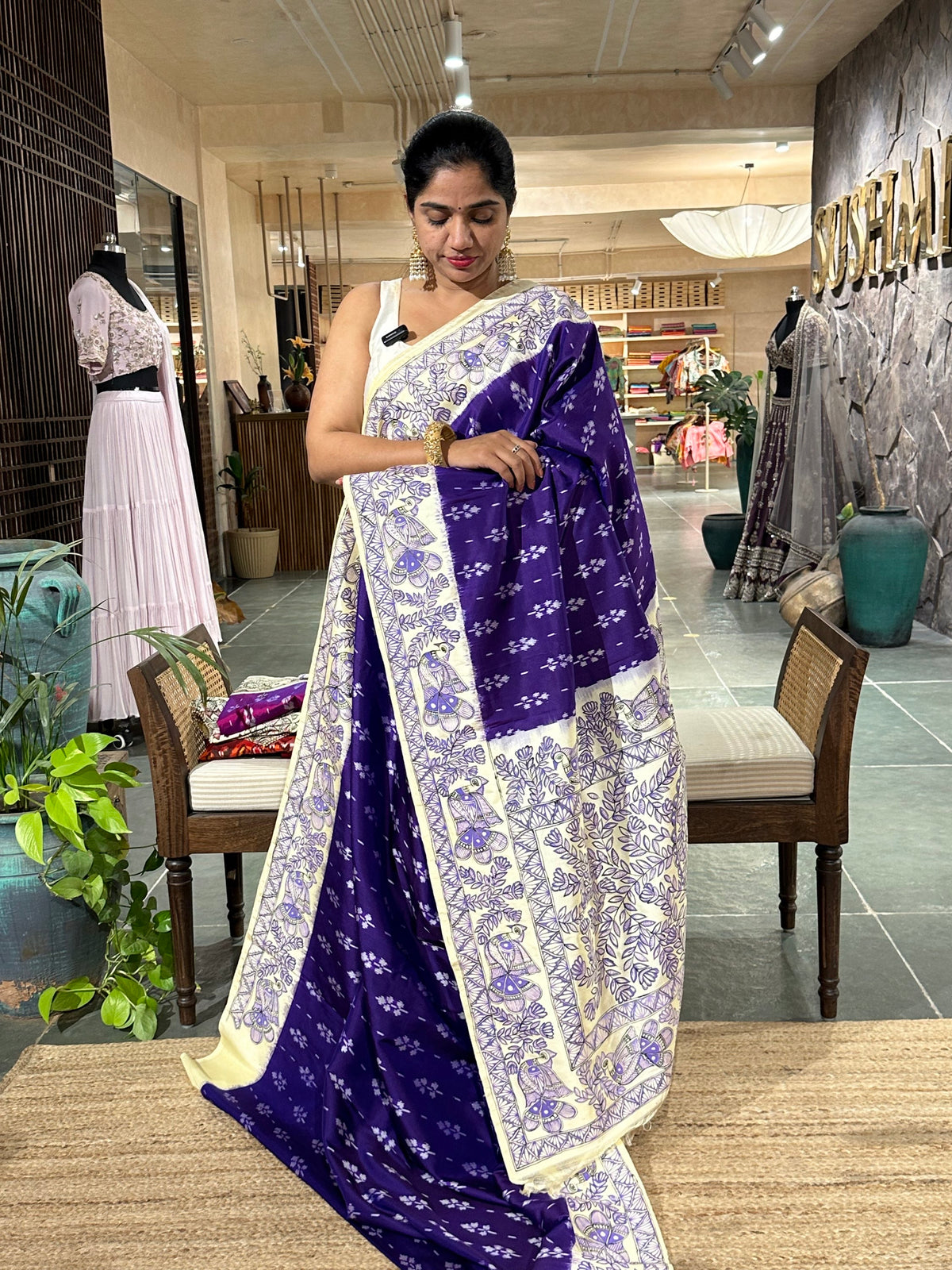 VioltPatola with Madhubhani handpainted border pallu and Blouse fed