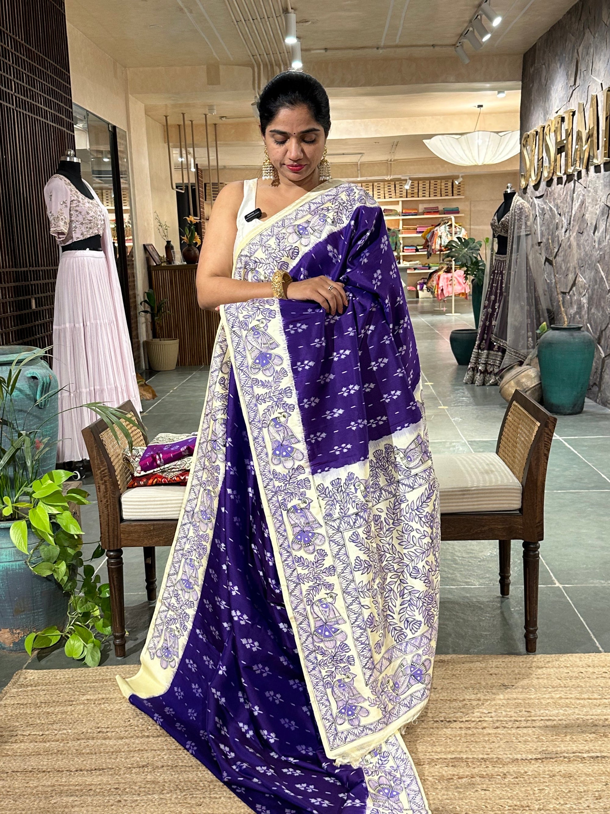 VioltPatola with Madhubhani handpainted border pallu and Blouse fed