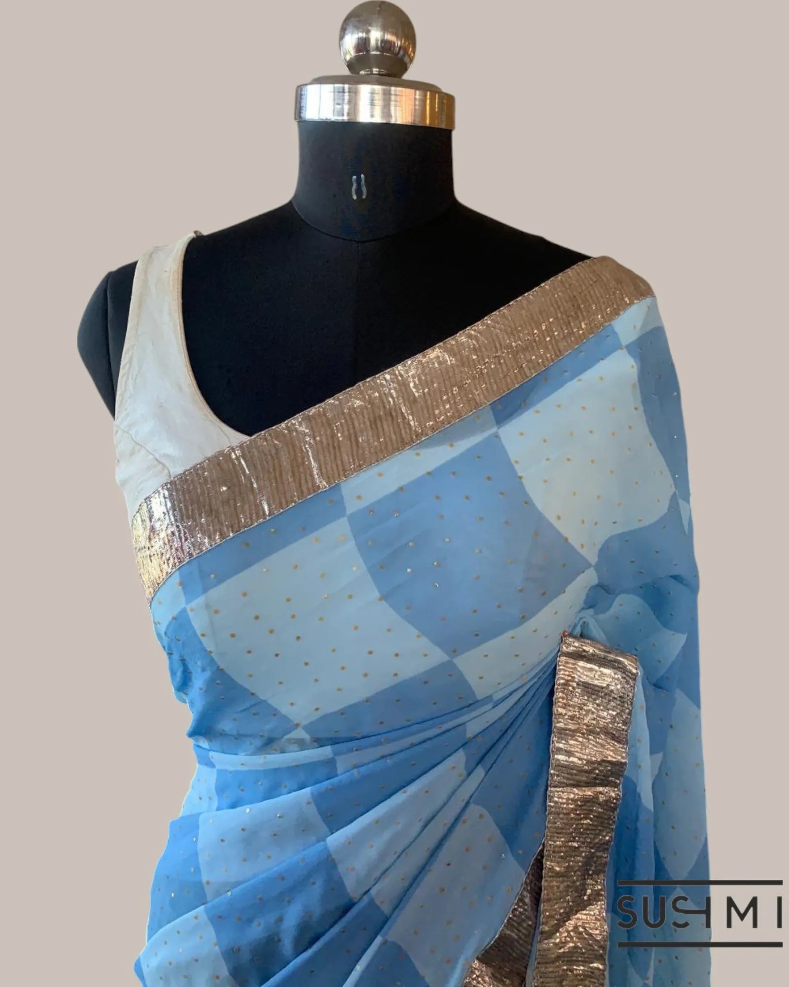 Pure Gorgette Saree in Checks Pattern , Allover Seuence & Hemlined Wth Gota lace