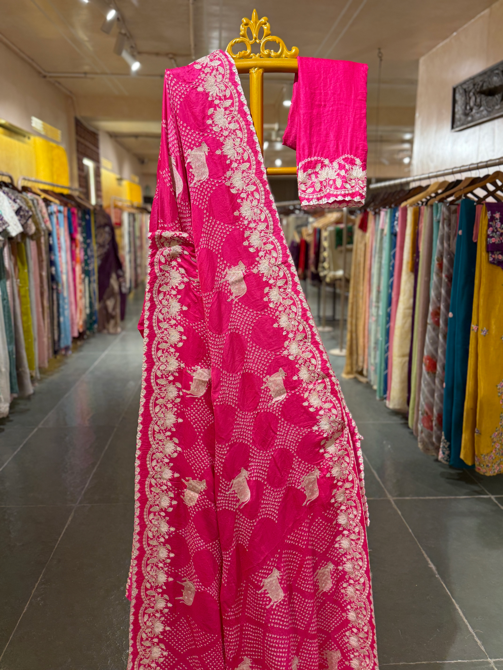 Neon Pink Pure Gajji Silk Rai Bandhej Saree with Pichwai Embroidery