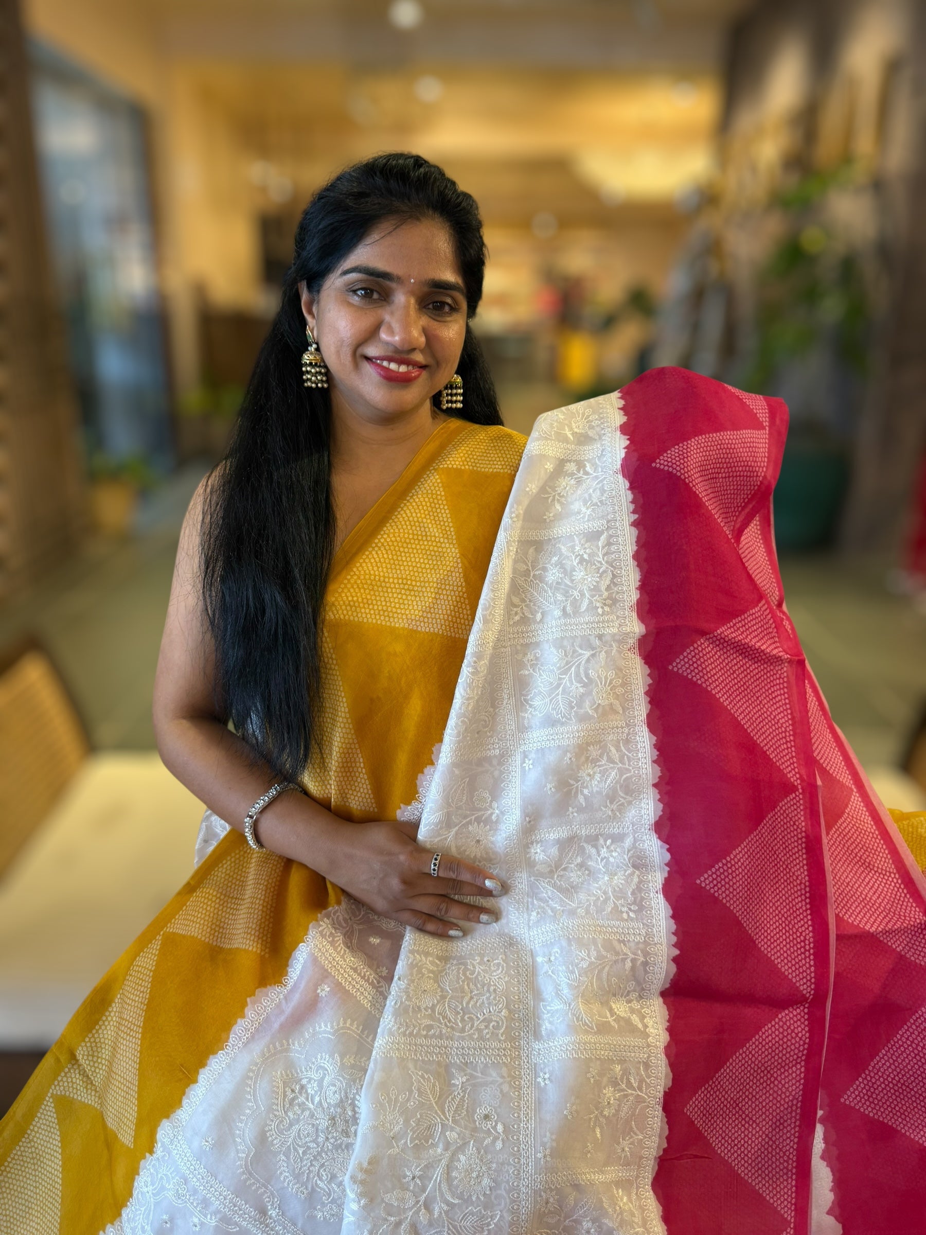 Organza Chikankari Embroidery Saree With Ganga Jamuna Bandhini Temple Borders