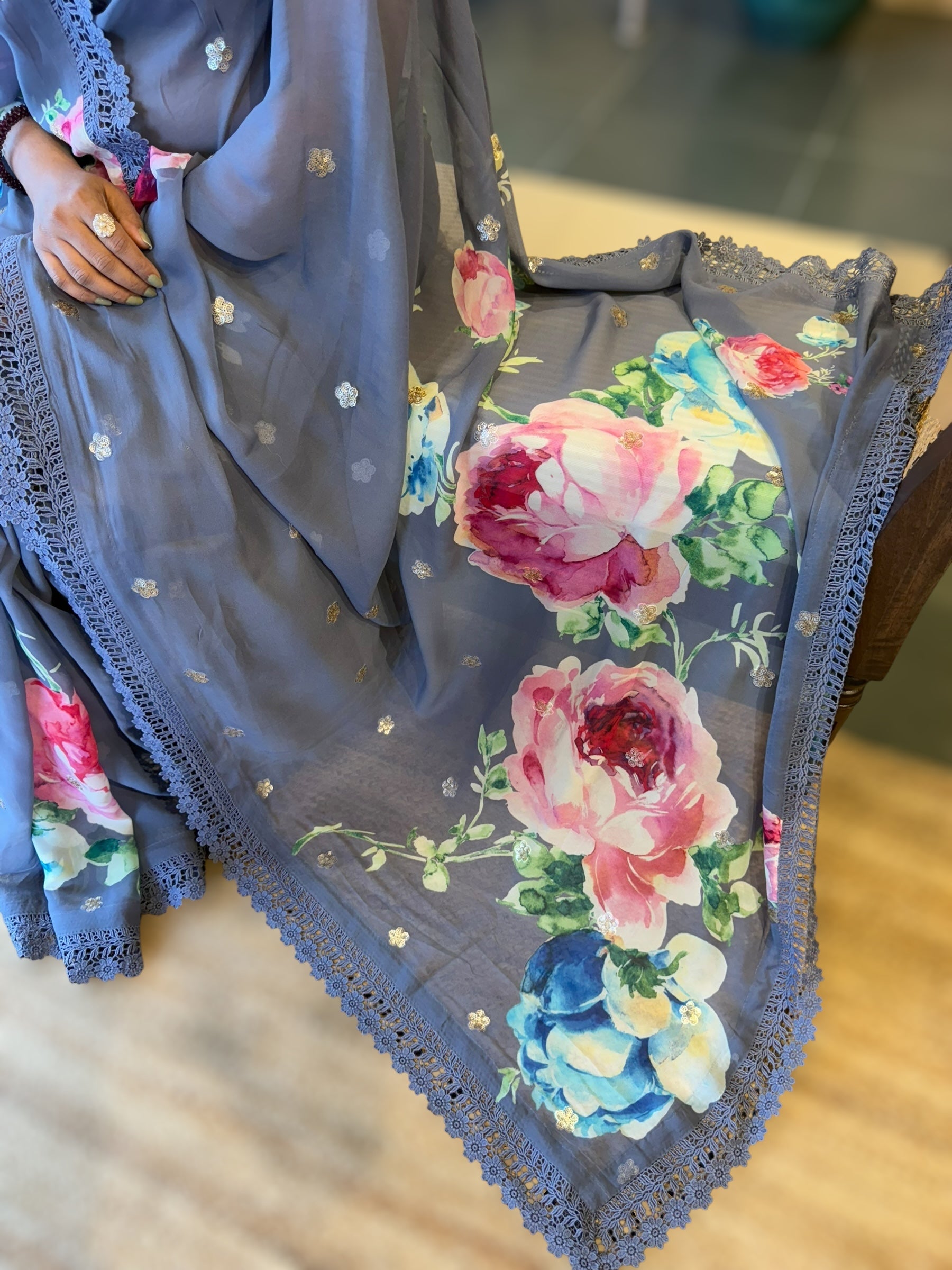 Greyish Blue Floral Gorgette Saree with Allover Sequence Floral