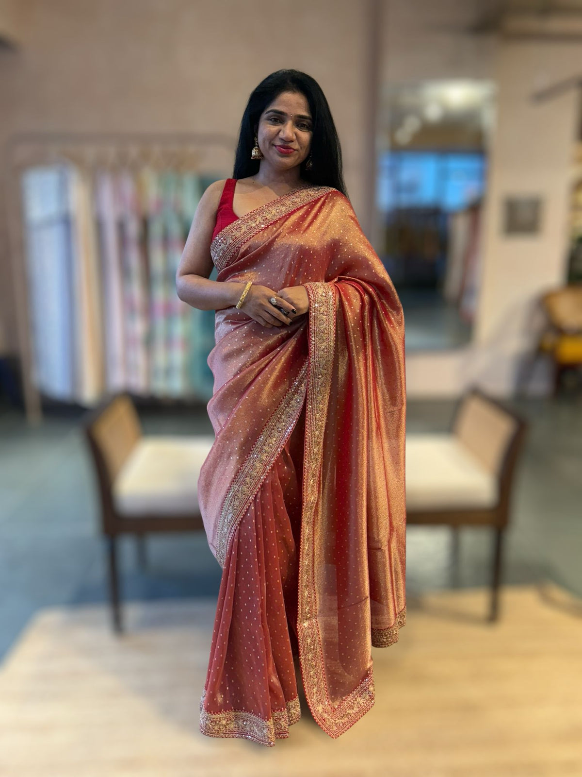 Red Tissue Gorgette saree witj sabyasachi borders and allover pitawork blouse