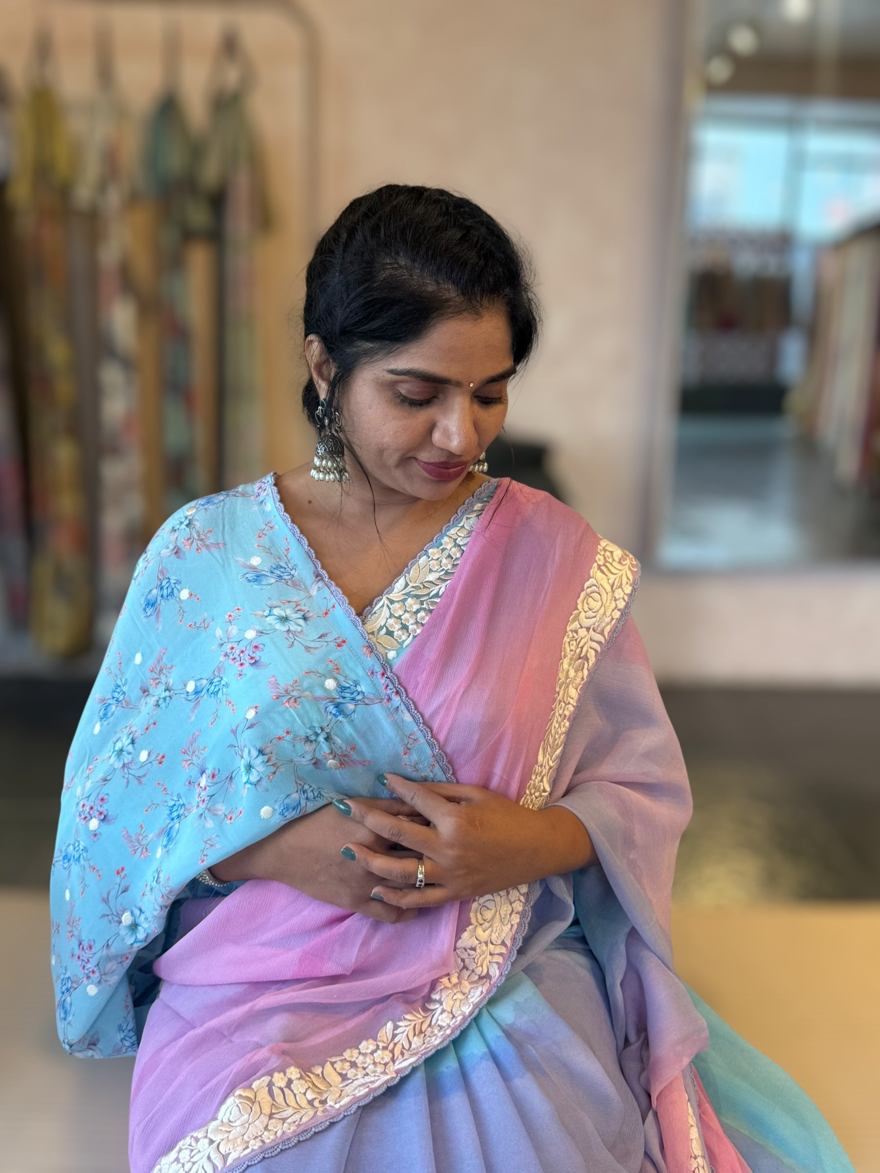 Pure Chiffon Saree with Ombre Brush dyeing & Parsi Gara Embroidered Border