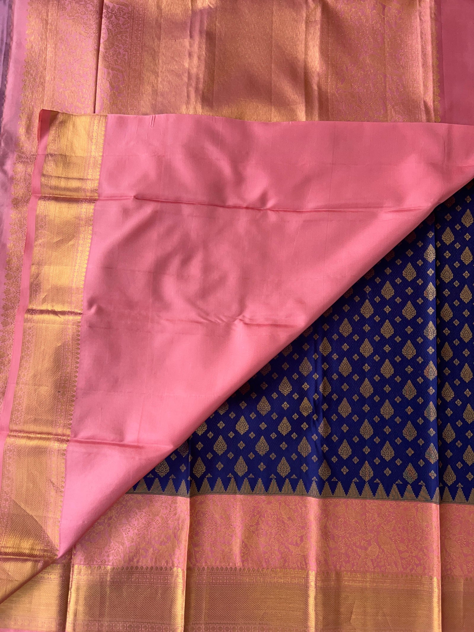 Purplish  Blue & Peach Pink Pure Kanchi Pattu Saree