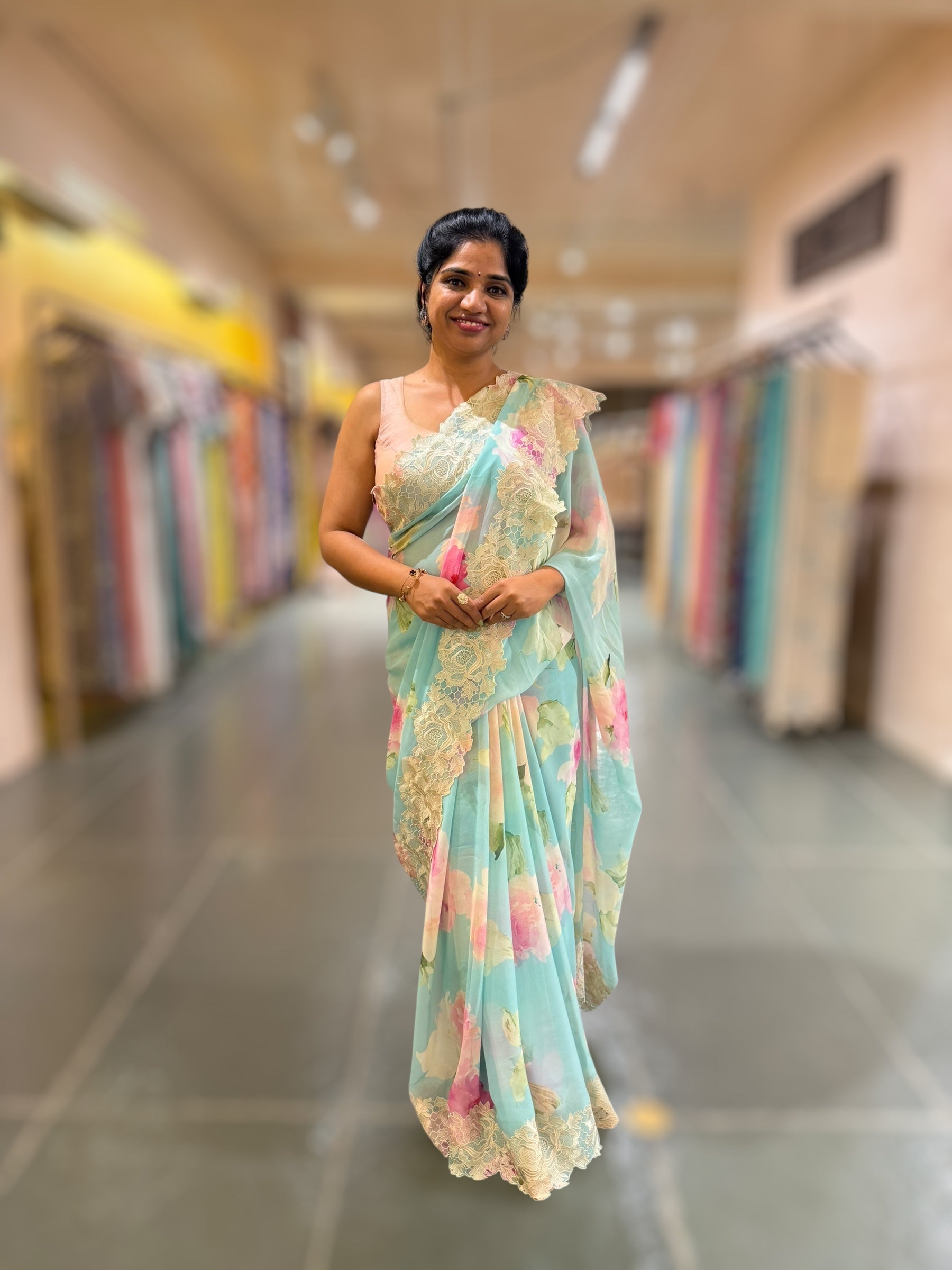 Light Blue painting Style Printed Gorgette Saree With Cutwork Lace Border