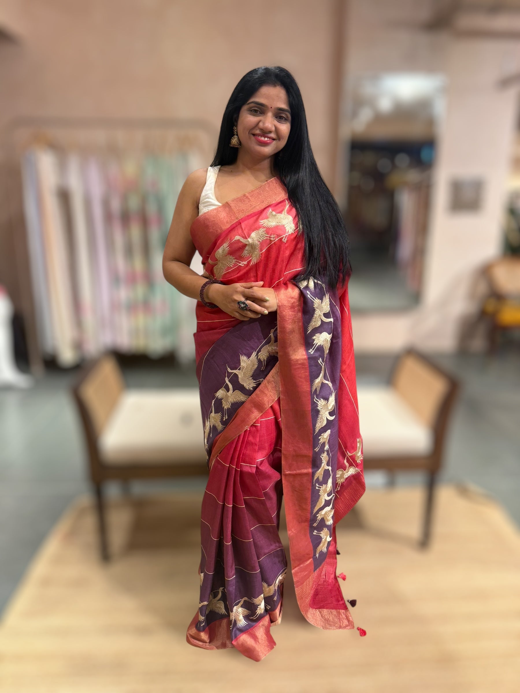 Tussar Rangkaat Saree With Crane Bird  Embroidered Border