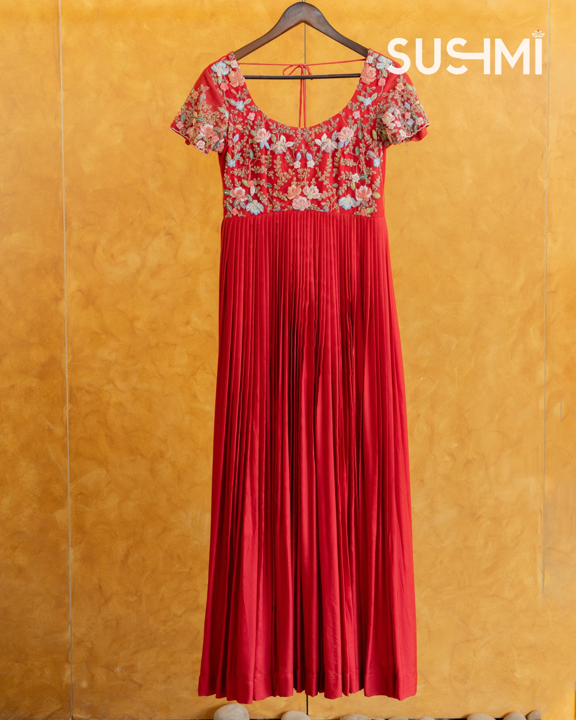 Red Modal Satin Silk Long Frock with heavy handwork yoke