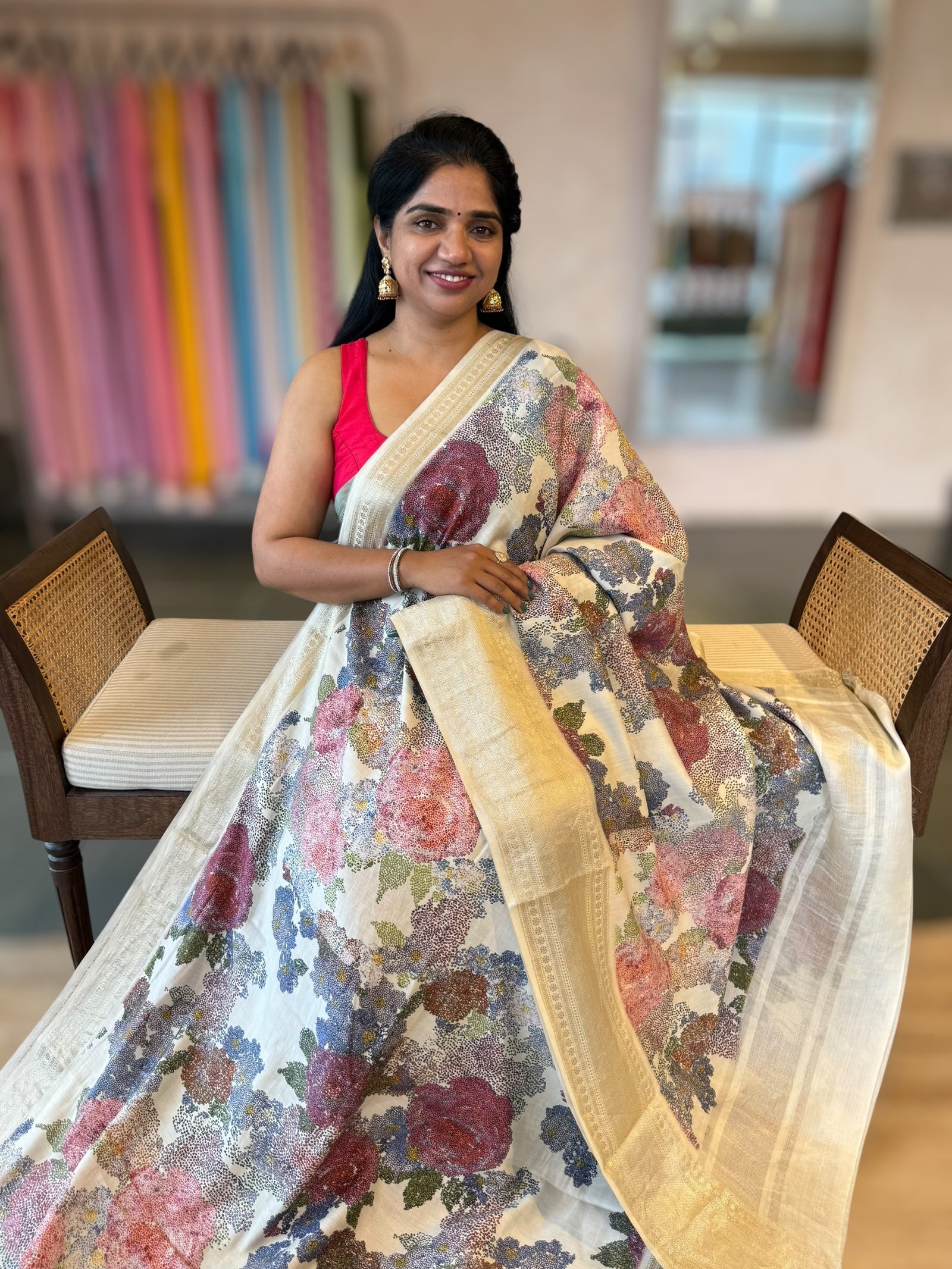 Half White Pista Chiniya Silk Saree With Petite Point  Emb Style Print