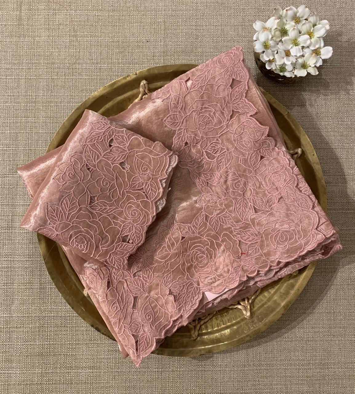 Nude Pink Pure Handloom Tissue Saree With Rose Cutwork Borders