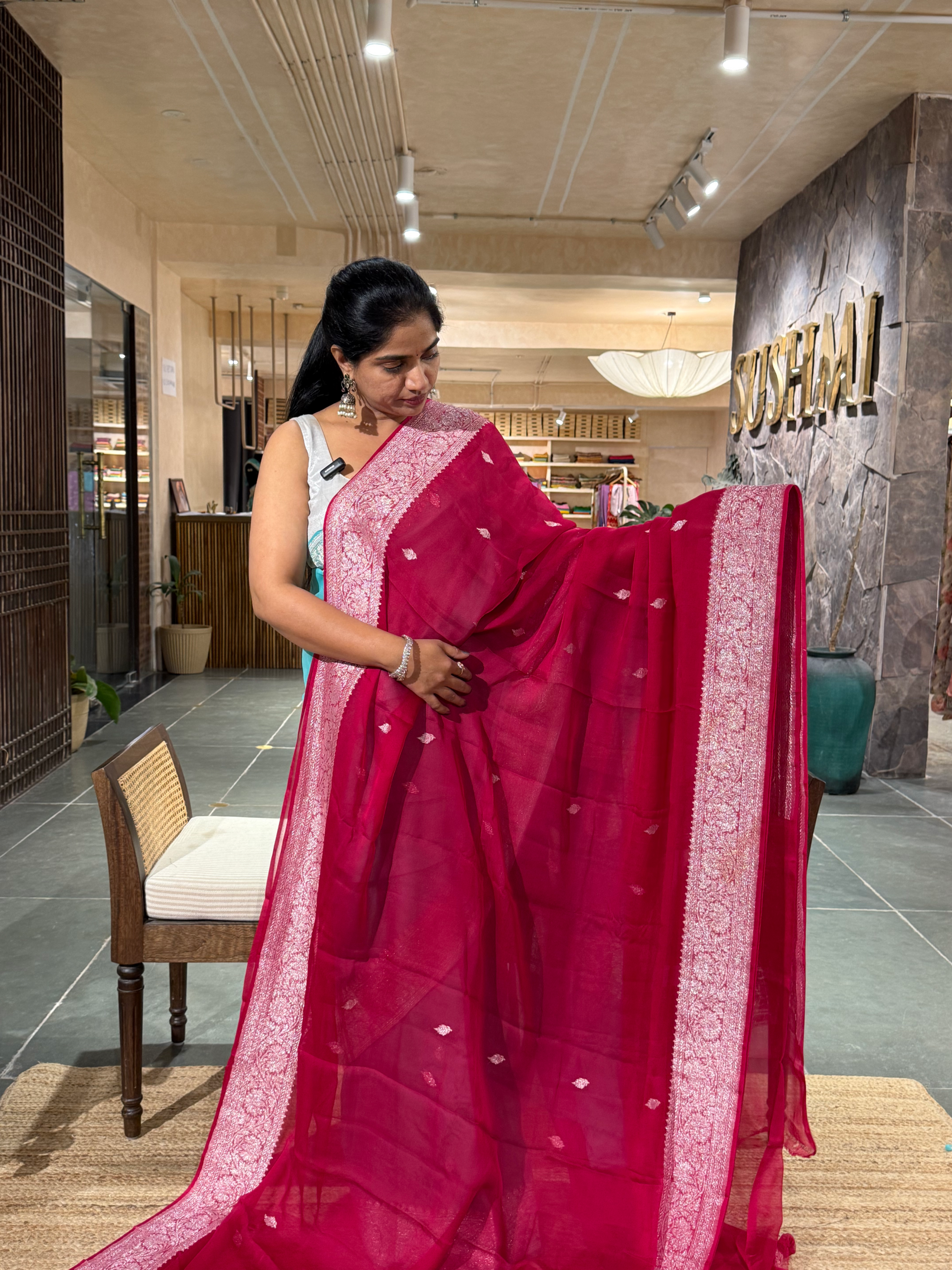 Beetroot Pink Banarasi Handloom Khaddi Chiffon Saree with silver